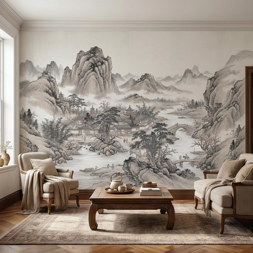 Chinese Ink Wash Landscape Peel and Stick Wall Mural, Chinoiserie Mountain River Pagoda Scene, Traditional Shan Shui Zen Asian Art Wallpaper