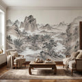 Chinese Ink Wash Landscape Peel and Stick Wall Mural, Chinoiserie Mountain River Pagoda Scene, Traditional Shan Shui Zen Asian Art Wallpaper