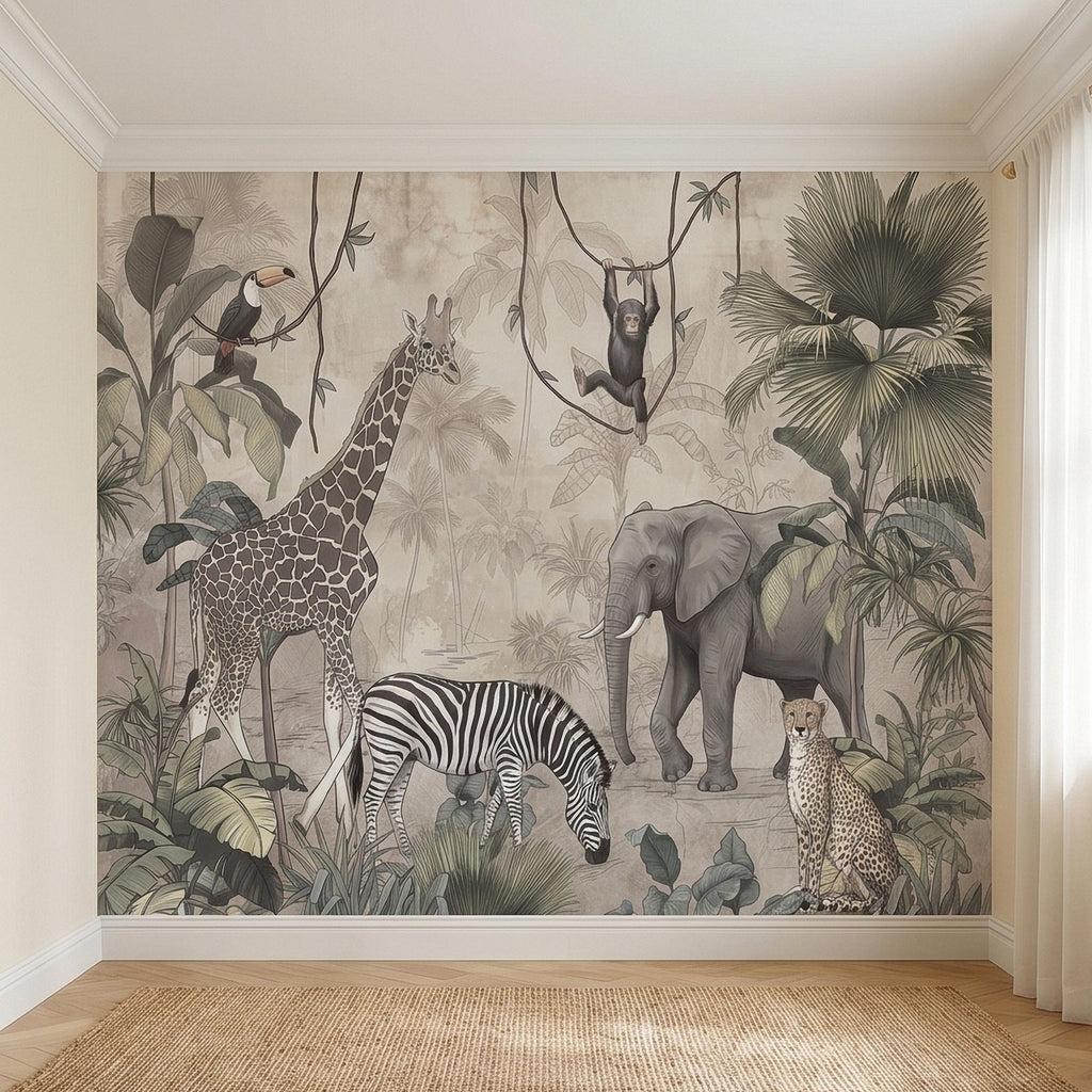 Safari Jungle Animals Peel and Stick Wall Mural, Neutral Nursery Zoo Scene, Giraffe Elephant Zebra Monkey Cheetah, Tropical Leaves Wallpaper
