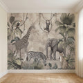 Safari Jungle Animals Peel and Stick Wall Mural, Neutral Nursery Zoo Scene, Giraffe Elephant Zebra Monkey Cheetah, Tropical Leaves Wallpaper