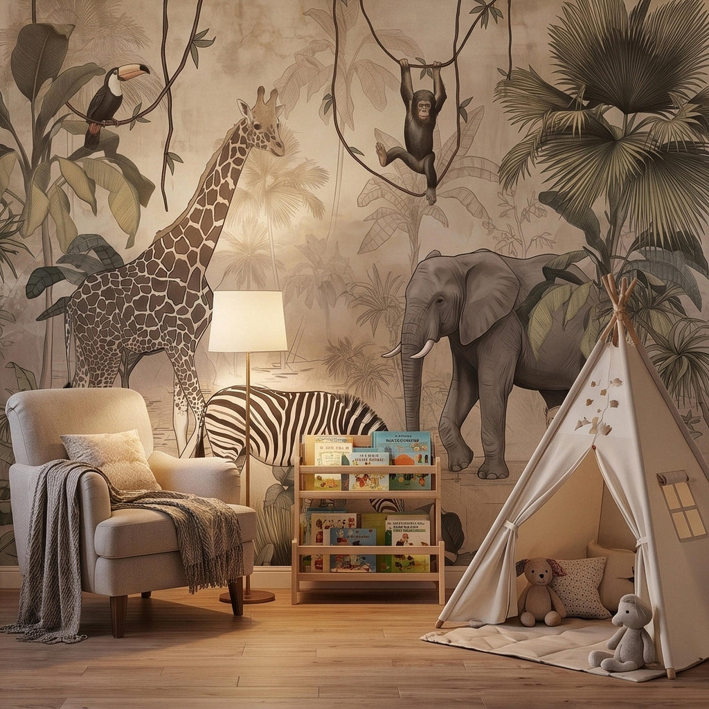 Safari Jungle Animals Peel and Stick Wall Mural, Neutral Nursery Zoo Scene, Giraffe Elephant Zebra Monkey Cheetah, Tropical Leaves Wallpaper