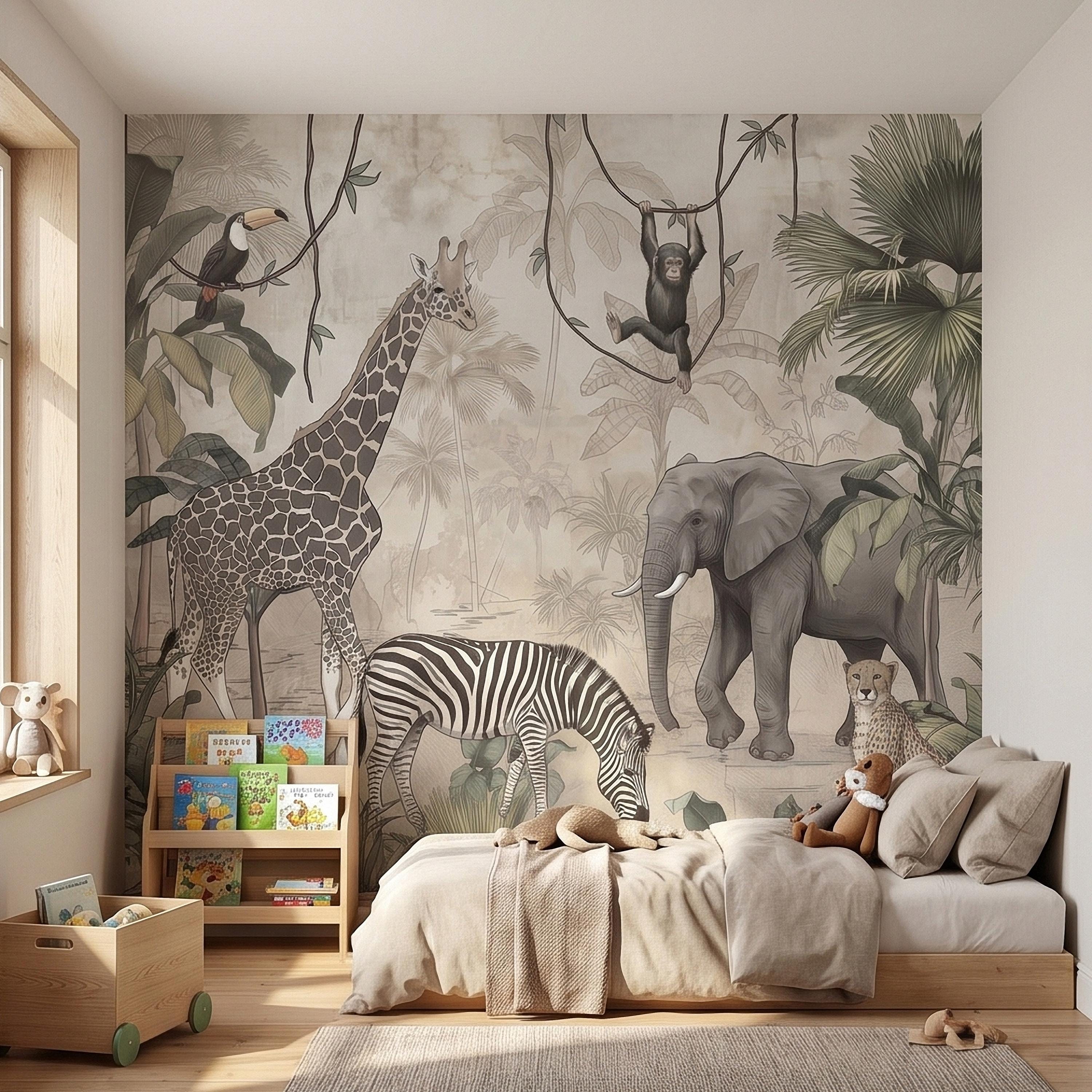 Safari Jungle Animals Peel and Stick Wall Mural, Neutral Nursery Zoo Scene, Giraffe Elephant Zebra Monkey Cheetah, Tropical Leaves Wallpaper