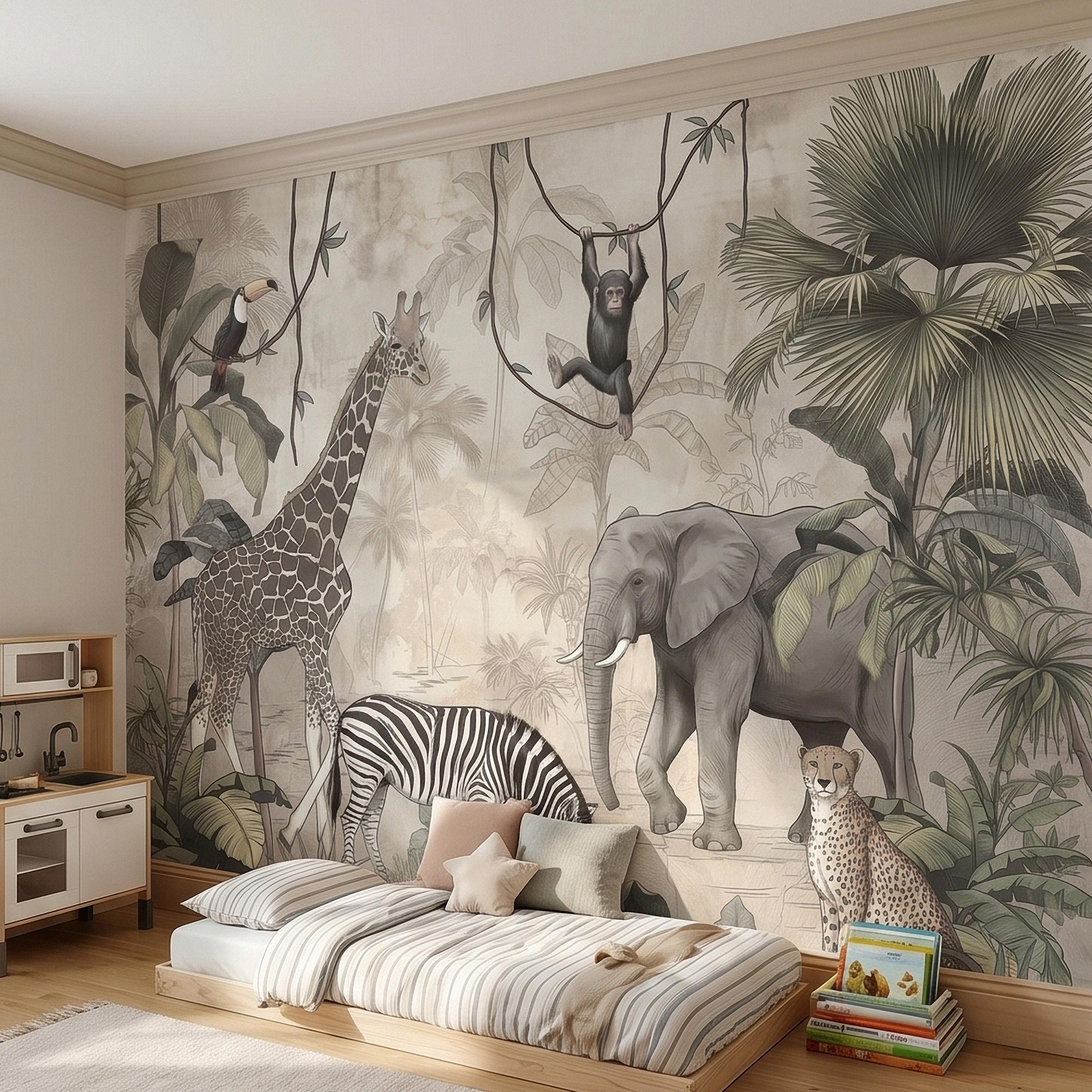 Safari Jungle Animals Peel and Stick Wall Mural, Neutral Nursery Zoo Scene, Giraffe Elephant Zebra Monkey Cheetah, Tropical Leaves Wallpaper