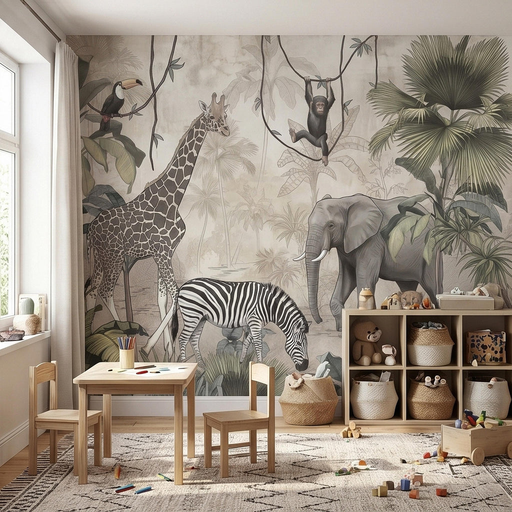 Safari Jungle Animals Peel and Stick Wall Mural, Neutral Nursery Zoo Scene, Giraffe Elephant Zebra Monkey Cheetah, Tropical Leaves Wallpaper