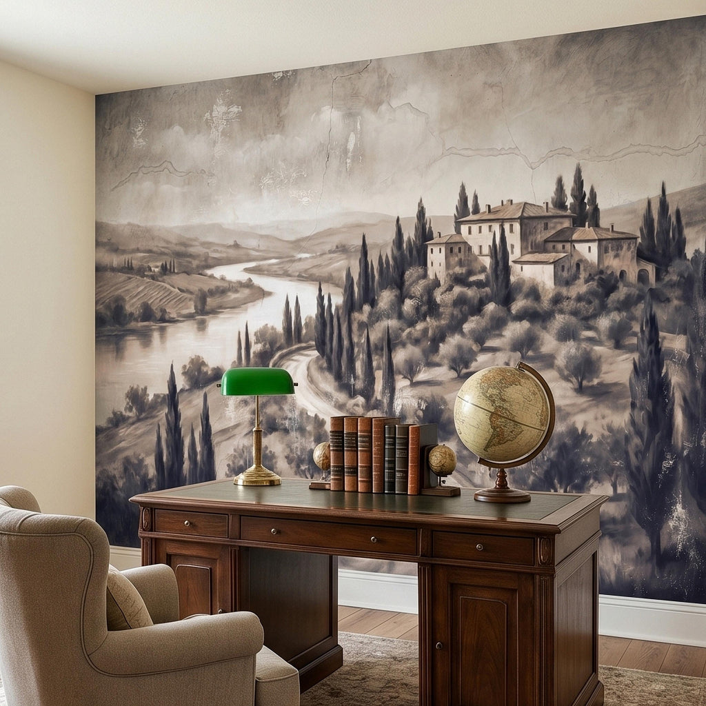 Vintage Tuscan Villa Peel and Stick Wall Mural, Italian Countryside Fresco Landscape with Cypress Trees, Old World Antique Wallpaper