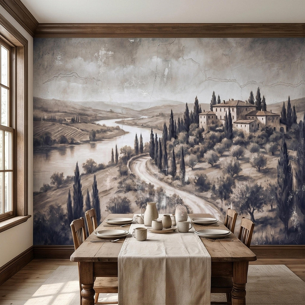 Vintage Tuscan Villa Peel and Stick Wall Mural, Italian Countryside Fresco Landscape with Cypress Trees, Old World Antique Wallpaper