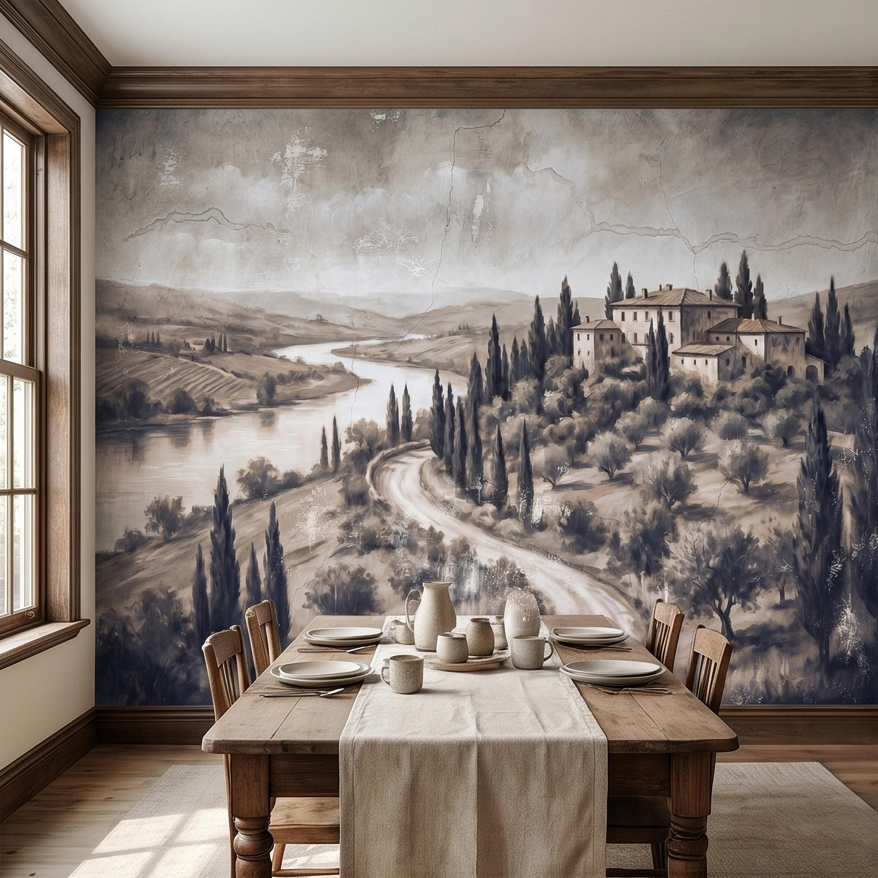 Vintage Tuscan Villa Peel and Stick Wall Mural, Italian Countryside Fresco Landscape with Cypress Trees, Old World Antique Wallpaper