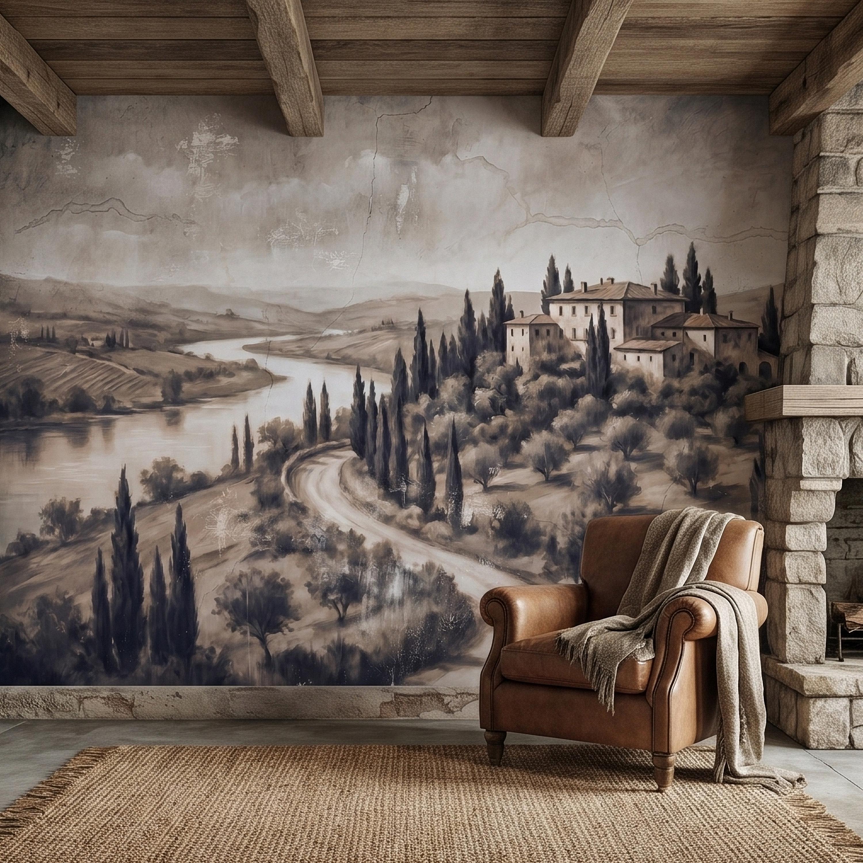 Vintage Tuscan Villa Peel and Stick Wall Mural, Italian Countryside Fresco Landscape with Cypress Trees, Old World Antique Wallpaper