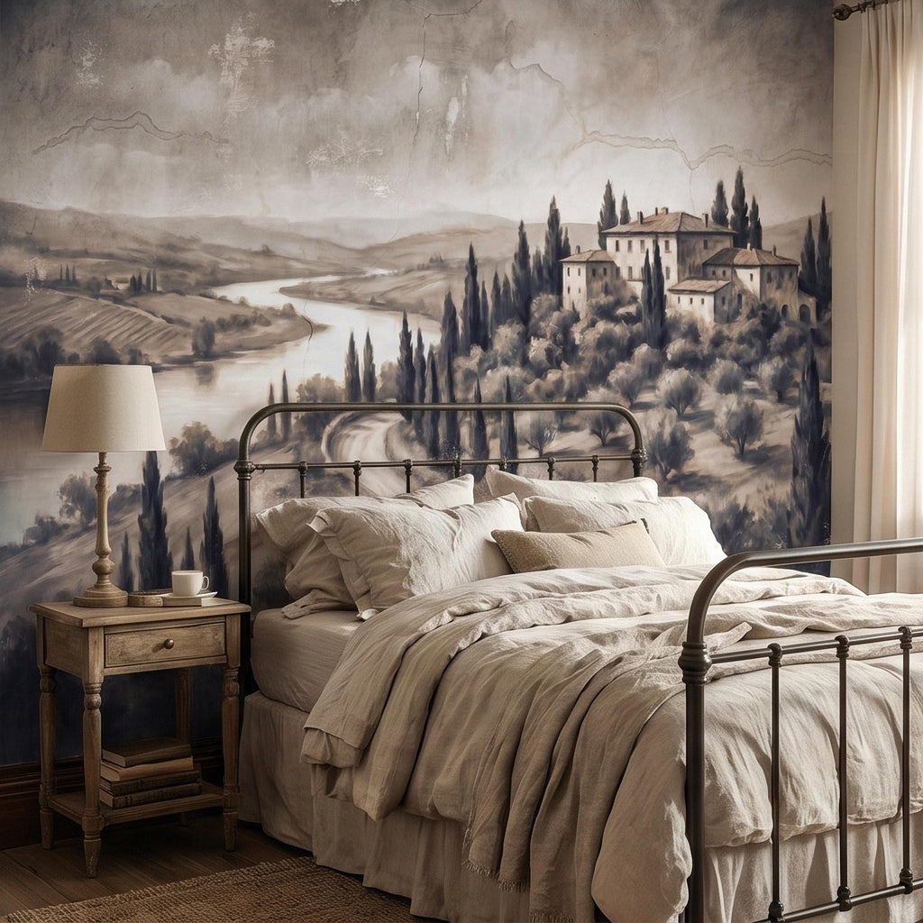 Vintage Tuscan Villa Peel and Stick Wall Mural, Italian Countryside Fresco Landscape with Cypress Trees, Old World Antique Wallpaper