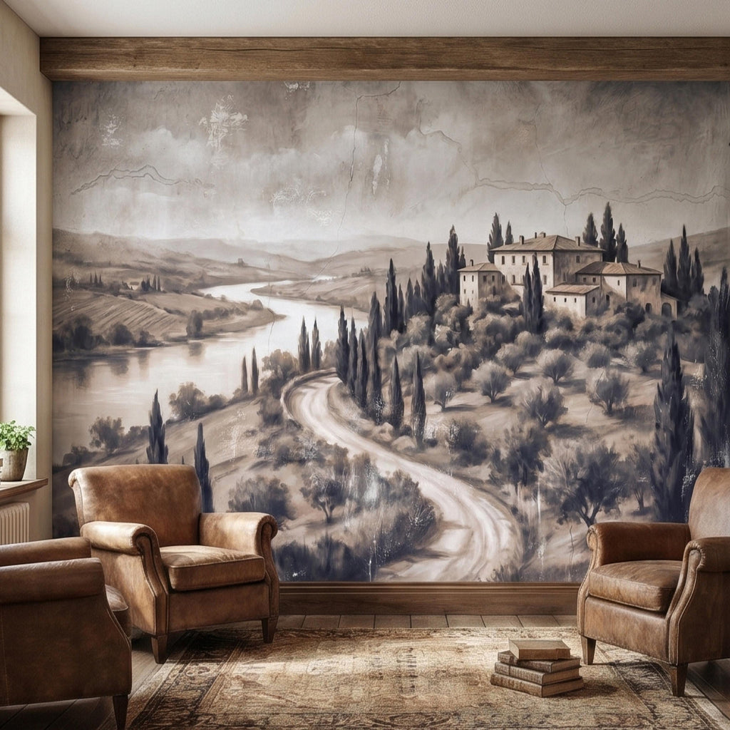 Vintage Tuscan Villa Peel and Stick Wall Mural, Italian Countryside Fresco Landscape with Cypress Trees, Old World Antique Wallpaper