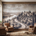 Vintage Tuscan Villa Peel and Stick Wall Mural, Italian Countryside Fresco Landscape with Cypress Trees, Old World Antique Wallpaper