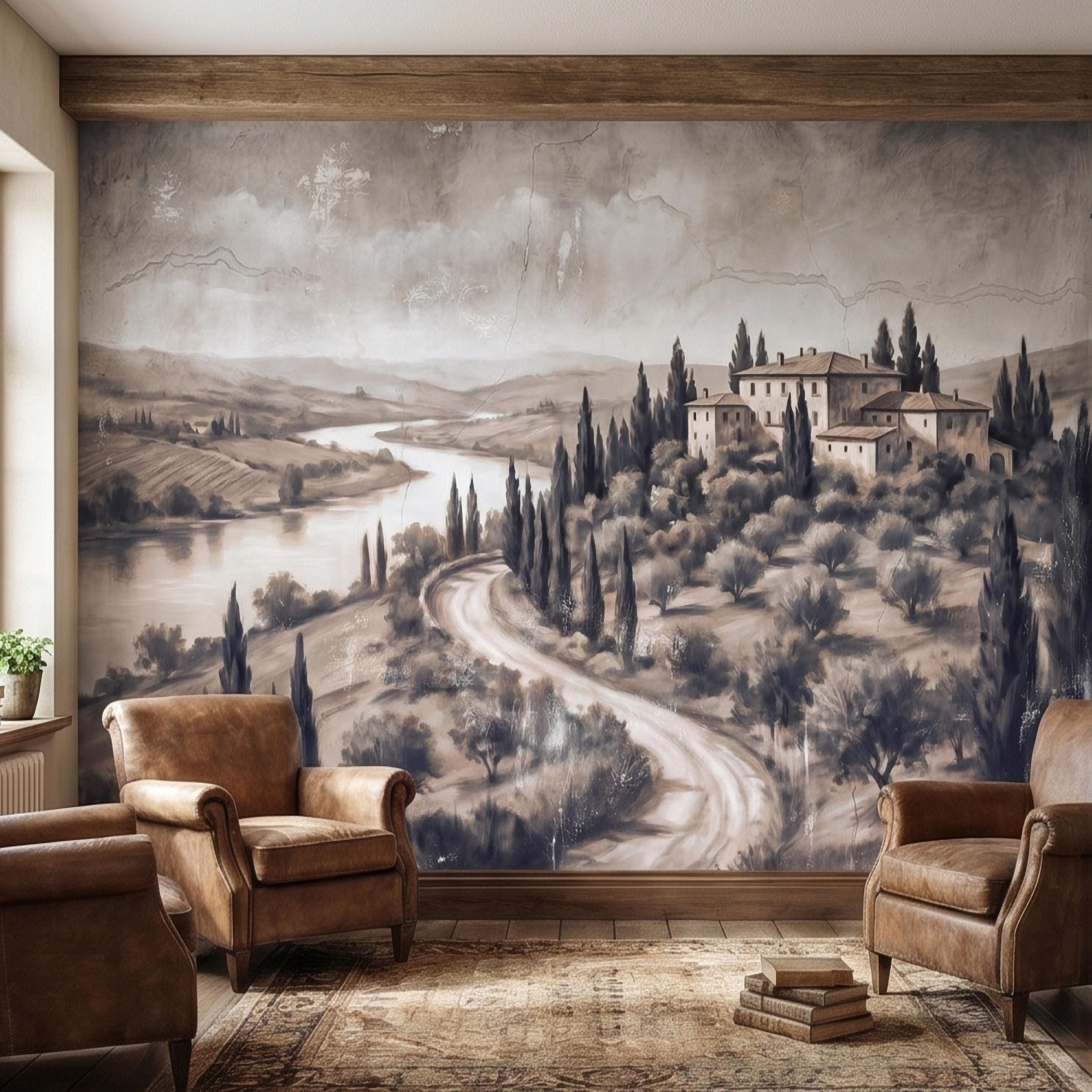 Vintage Tuscan Villa Peel and Stick Wall Mural, Italian Countryside Fresco Landscape with Cypress Trees, Old World Antique Wallpaper