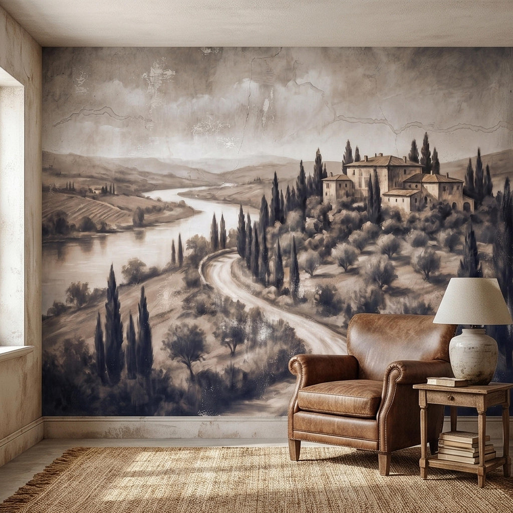 Vintage Tuscan Villa Peel and Stick Wall Mural, Italian Countryside Fresco Landscape with Cypress Trees, Old World Antique Wallpaper