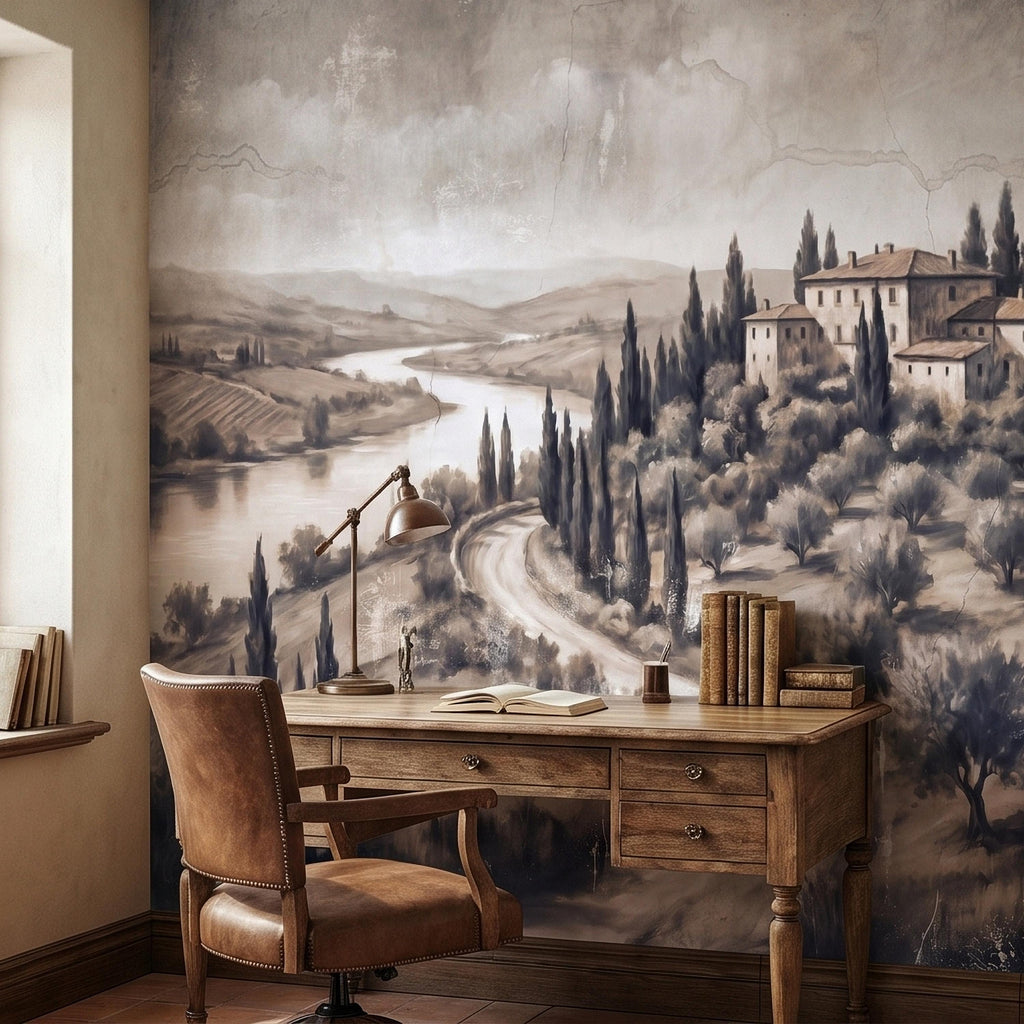 Vintage Tuscan Villa Peel and Stick Wall Mural, Italian Countryside Fresco Landscape with Cypress Trees, Old World Antique Wallpaper