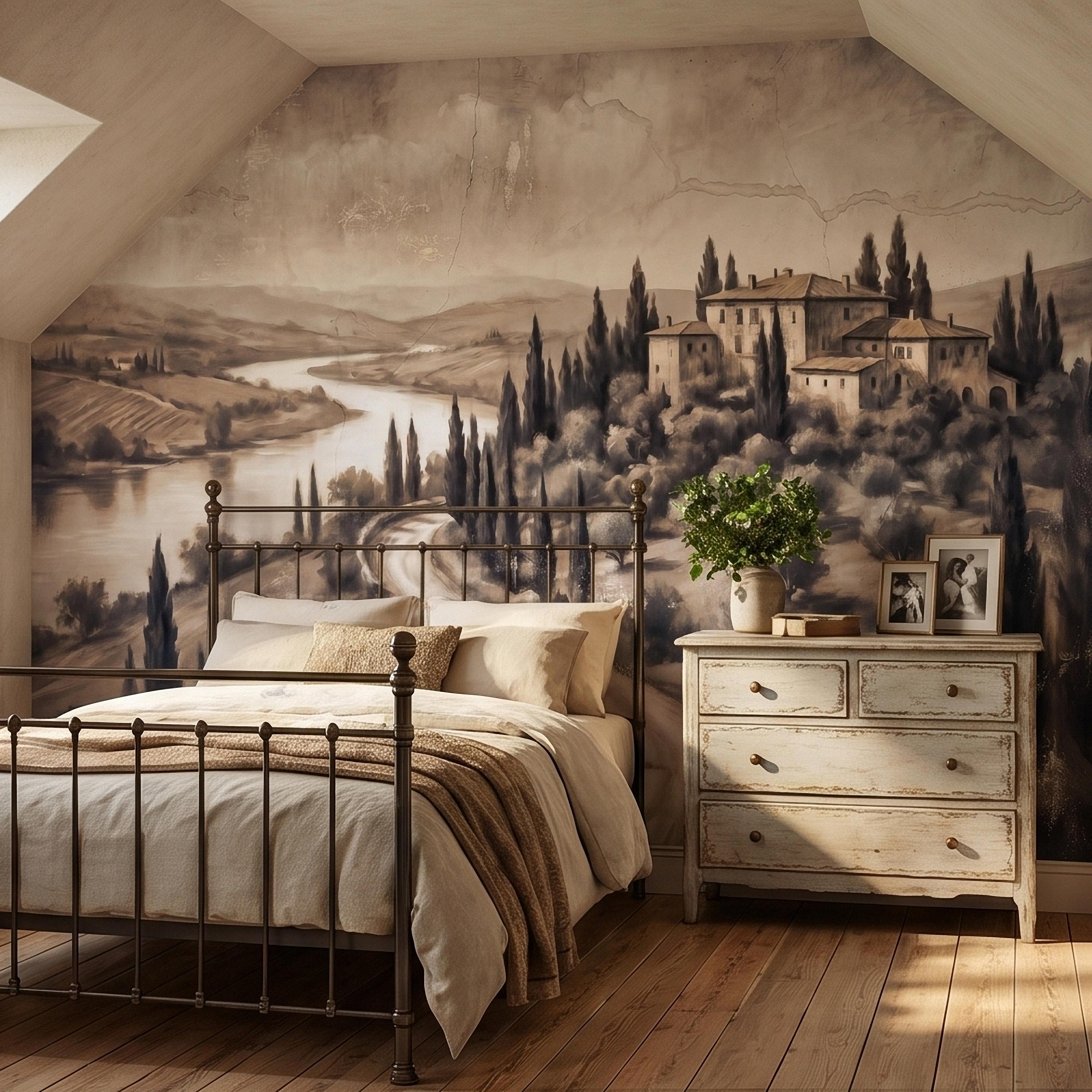 Vintage Tuscan Villa Peel and Stick Wall Mural, Italian Countryside Fresco Landscape with Cypress Trees, Old World Antique Wallpaper