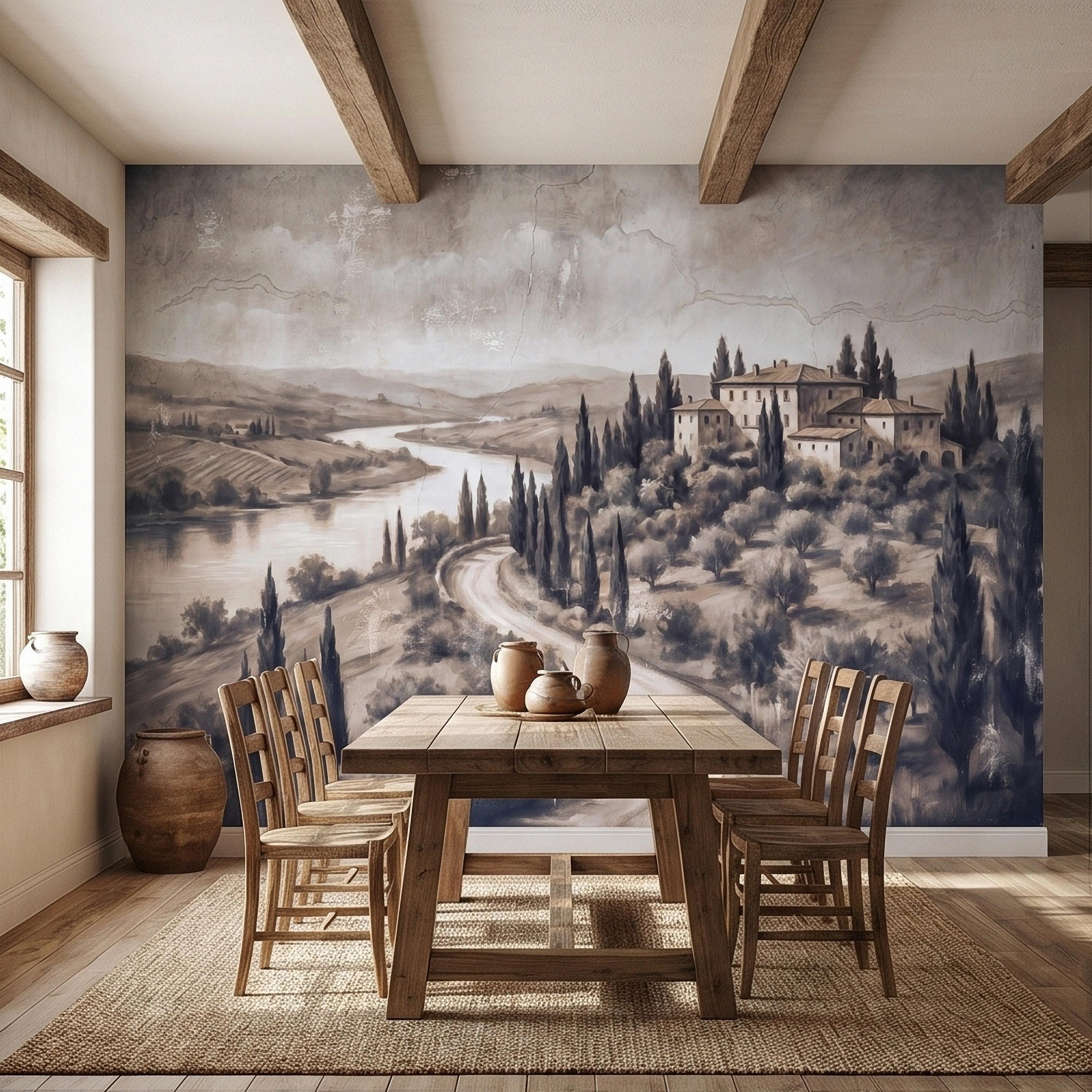 Vintage Tuscan Villa Peel and Stick Wall Mural, Italian Countryside Fresco Landscape with Cypress Trees, Old World Antique Wallpaper