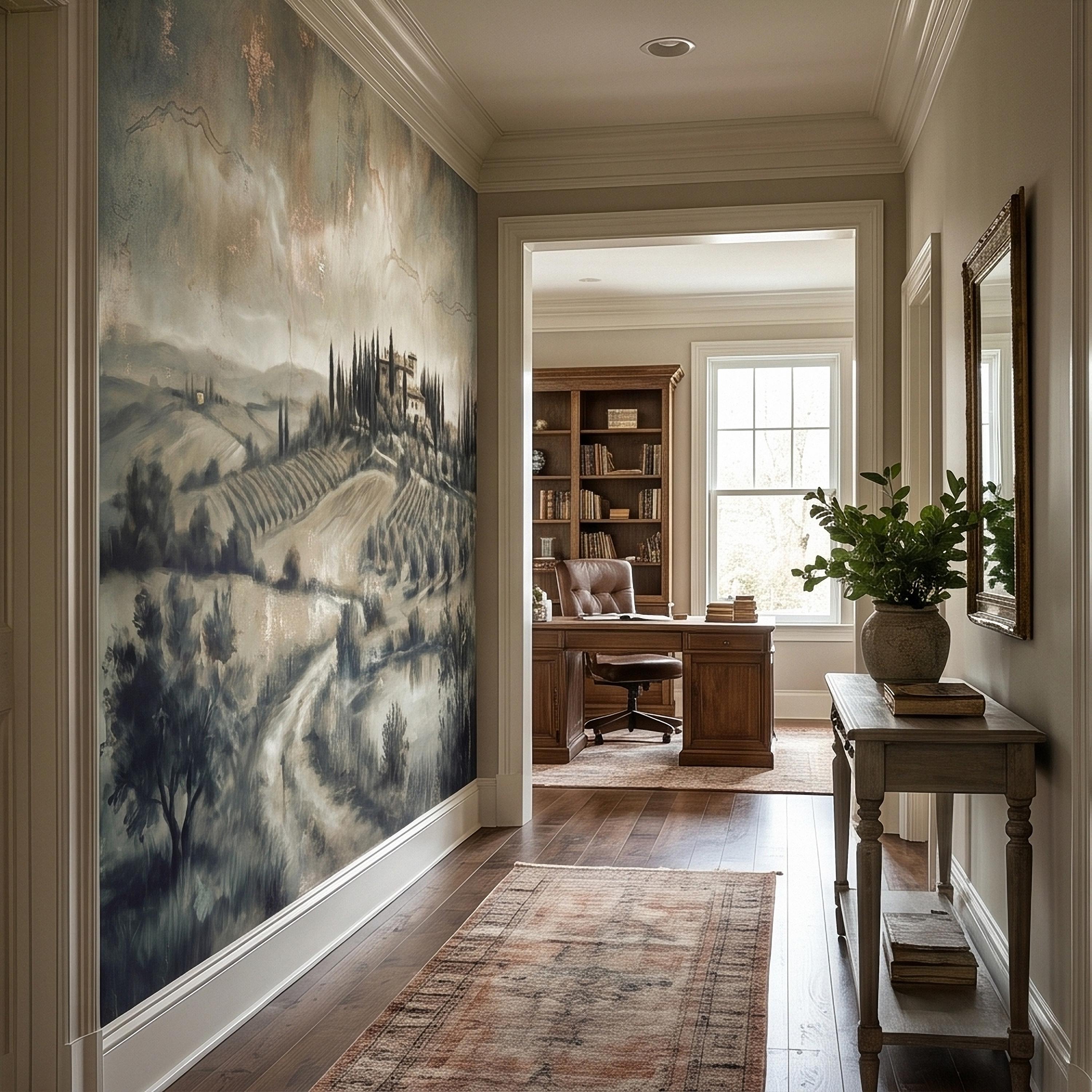 Vintage Tuscan Landscape Peel and Stick Wall Mural, Antique Fresco Italian Villa & Cypress Trees, Misty Countryside Scenic Wallpaper