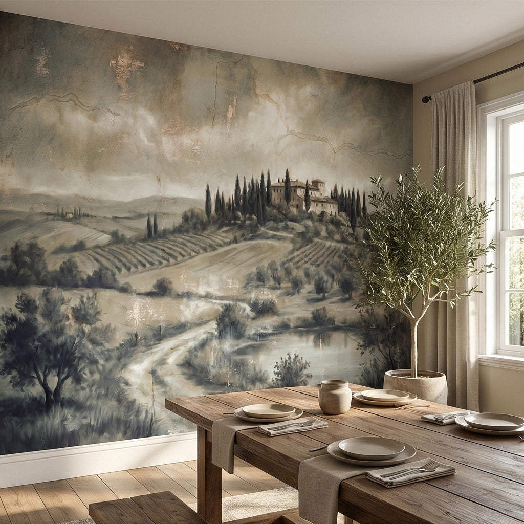 Vintage Tuscan Landscape Peel and Stick Wall Mural, Antique Fresco Italian Villa & Cypress Trees, Misty Countryside Scenic Wallpaper