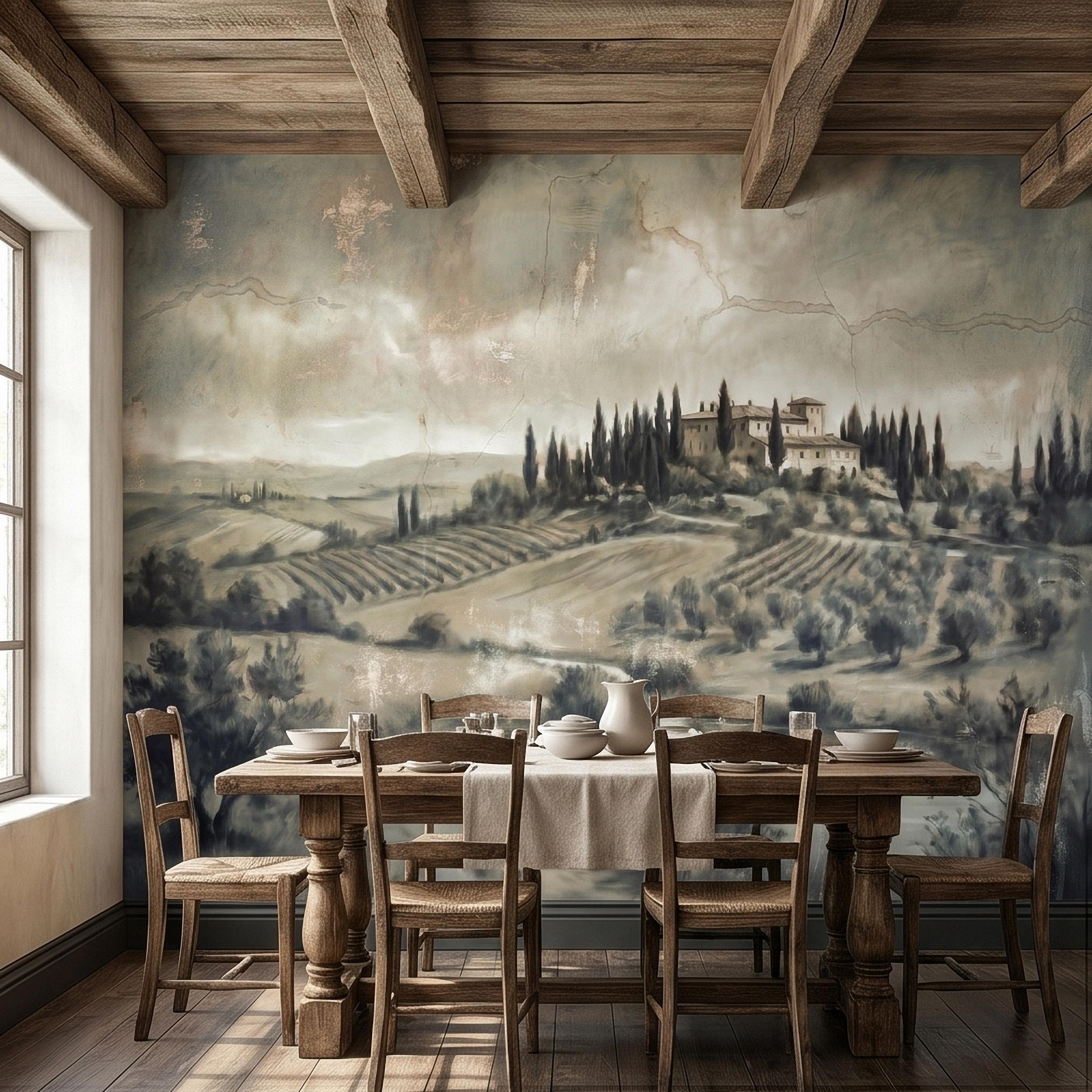 Vintage Tuscan Landscape Peel and Stick Wall Mural, Antique Fresco Italian Villa & Cypress Trees, Misty Countryside Scenic Wallpaper