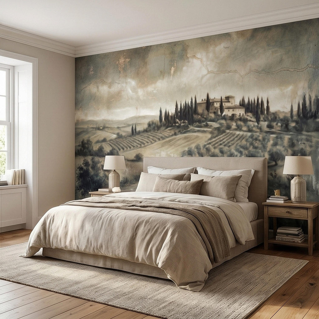 Vintage Tuscan Landscape Peel and Stick Wall Mural, Antique Fresco Italian Villa & Cypress Trees, Misty Countryside Scenic Wallpaper