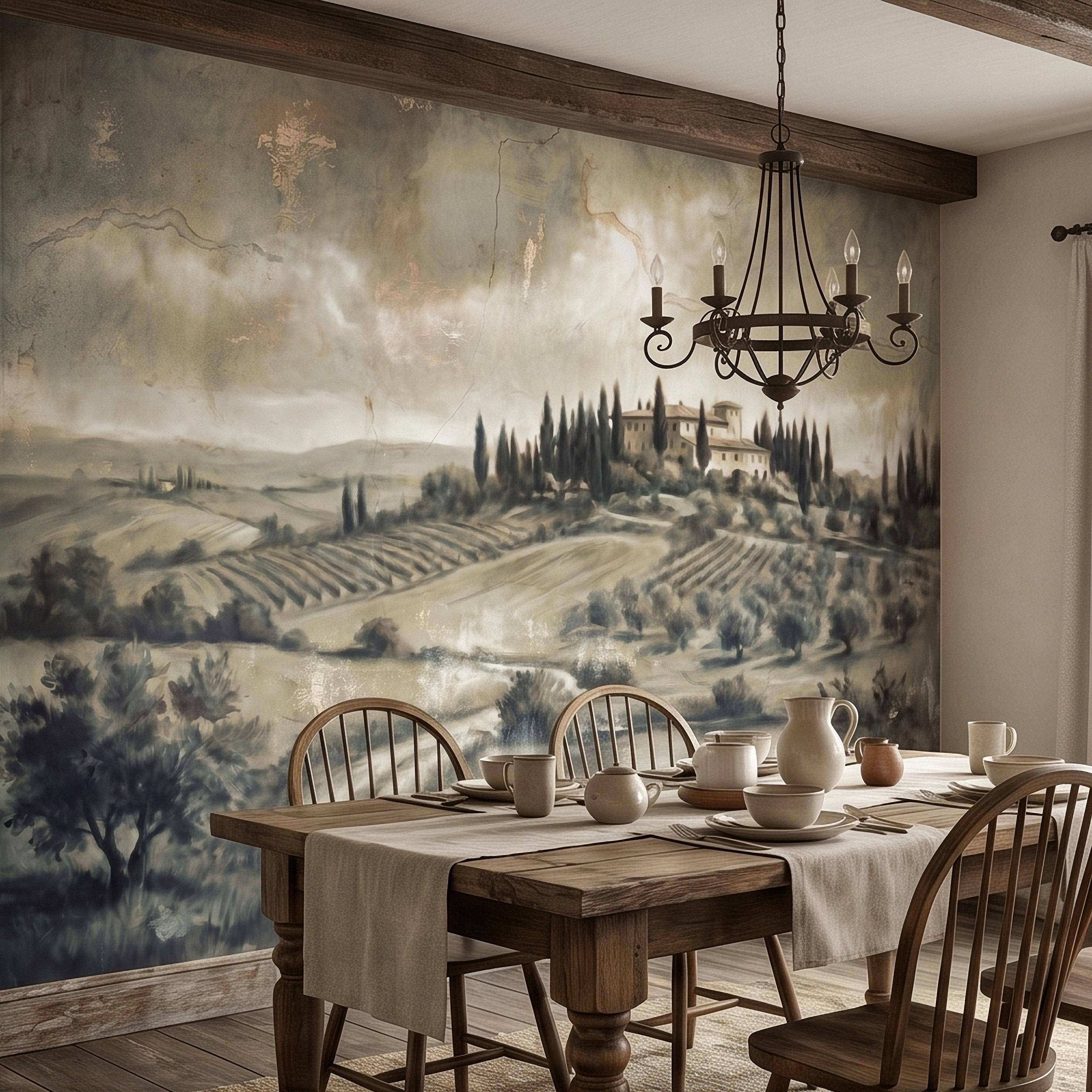Vintage Tuscan Landscape Peel and Stick Wall Mural, Antique Fresco Italian Villa & Cypress Trees, Misty Countryside Scenic Wallpaper