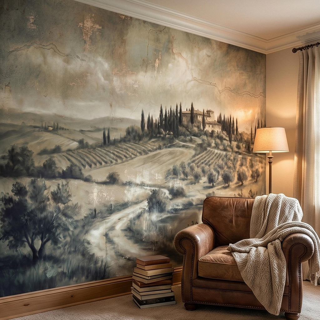 Vintage Tuscan Landscape Peel and Stick Wall Mural, Antique Fresco Italian Villa & Cypress Trees, Misty Countryside Scenic Wallpaper