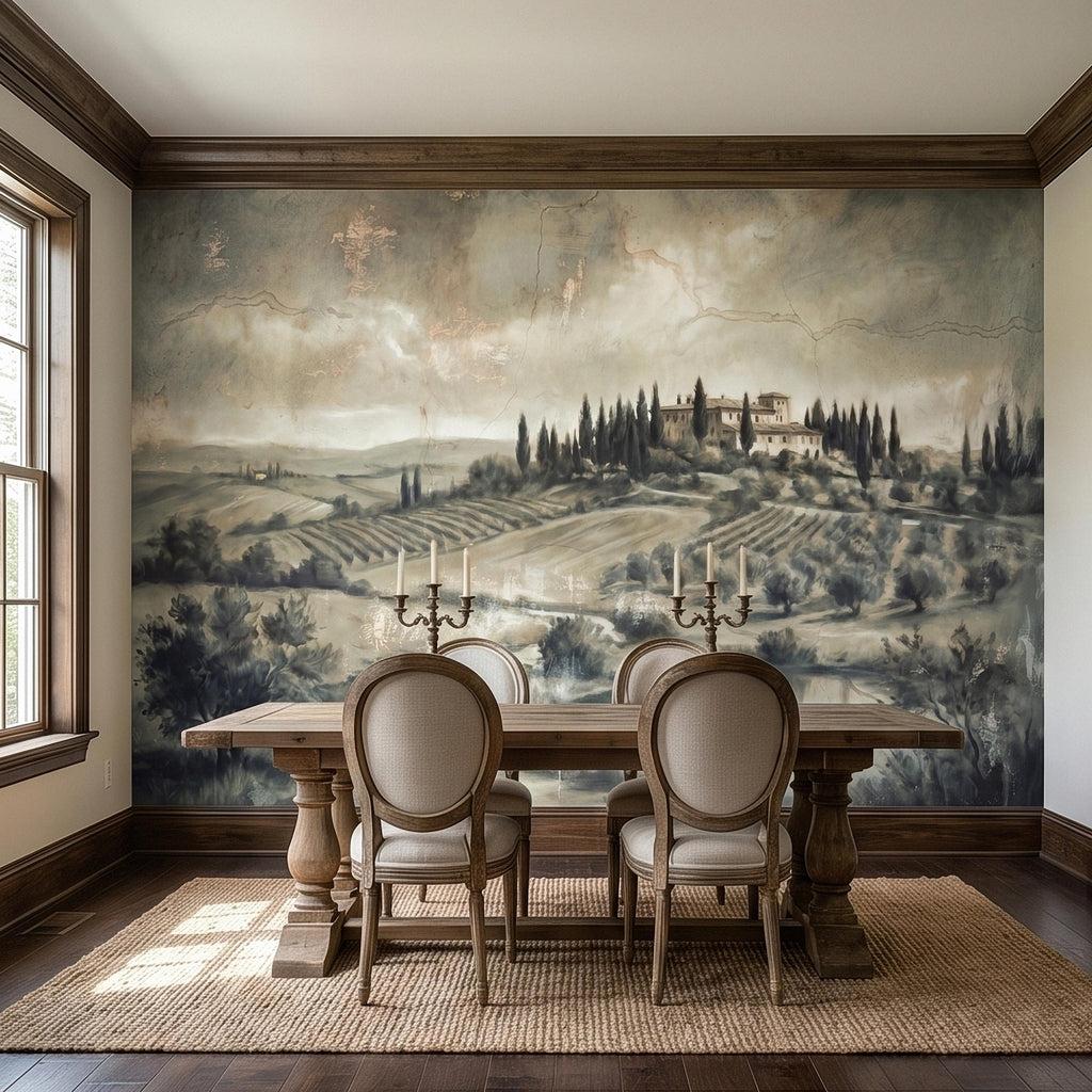 Vintage Tuscan Landscape Peel and Stick Wall Mural, Antique Fresco Italian Villa & Cypress Trees, Misty Countryside Scenic Wallpaper