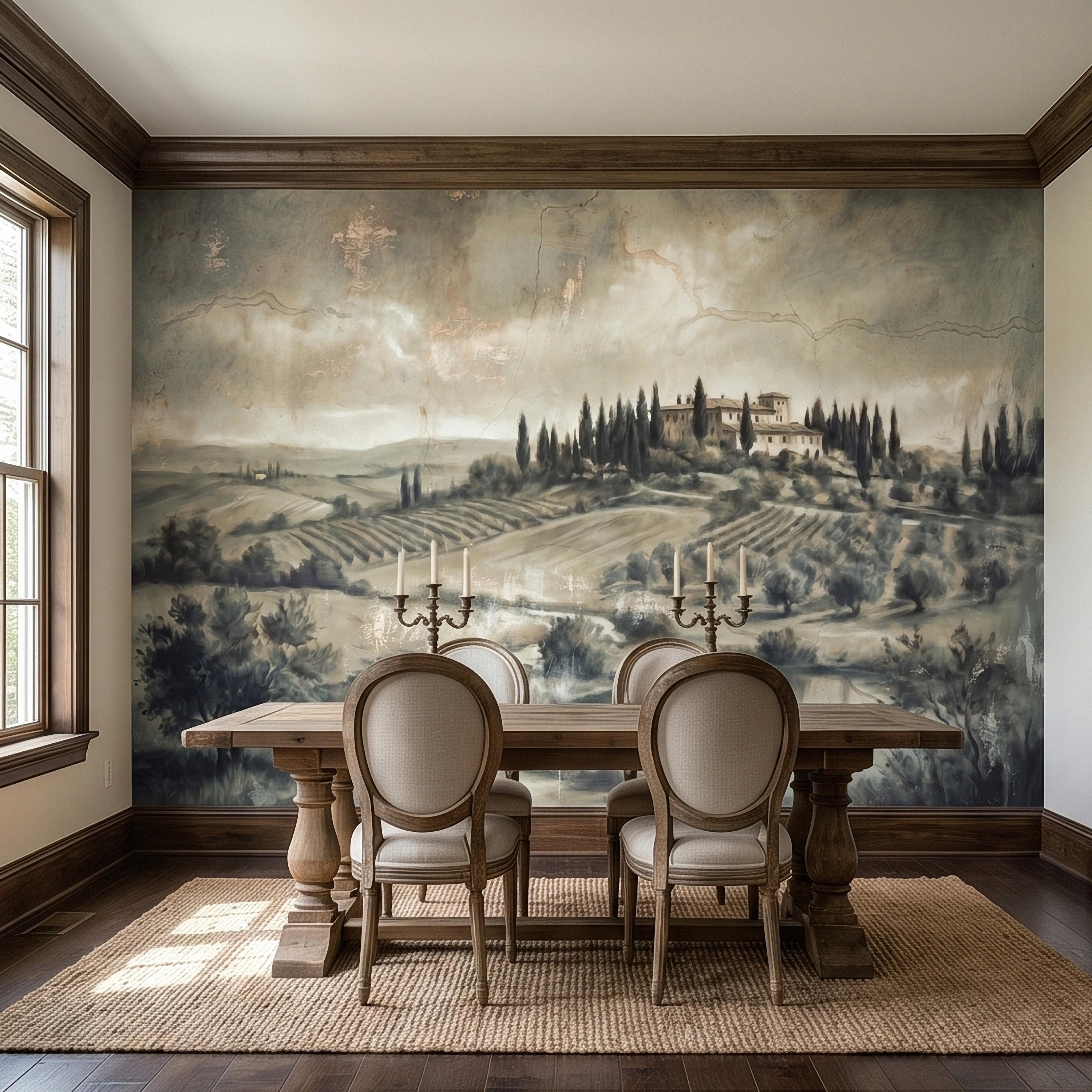 Vintage Tuscan Landscape Peel and Stick Wall Mural, Antique Fresco Italian Villa & Cypress Trees, Misty Countryside Scenic Wallpaper