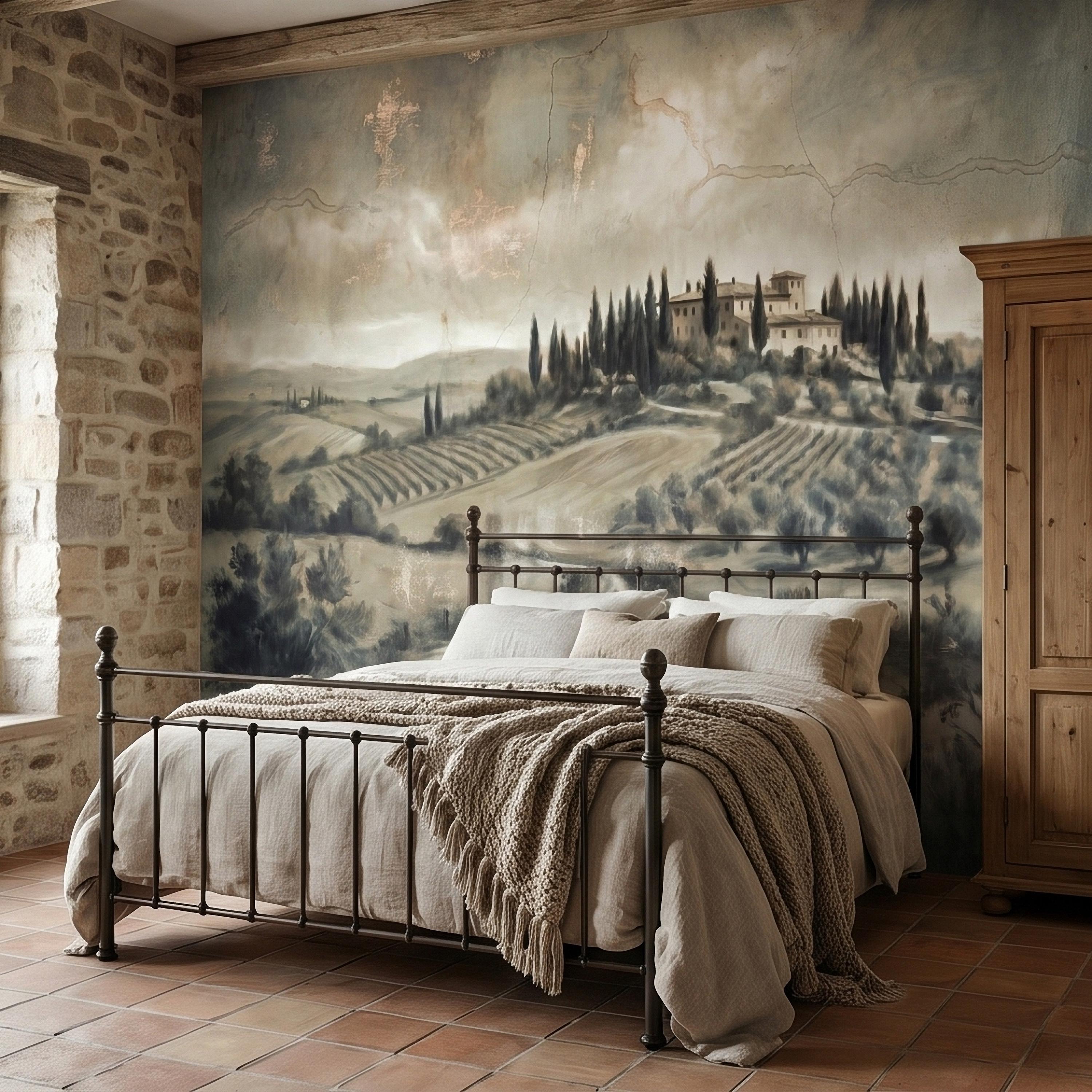 Vintage Tuscan Landscape Peel and Stick Wall Mural, Antique Fresco Italian Villa & Cypress Trees, Misty Countryside Scenic Wallpaper