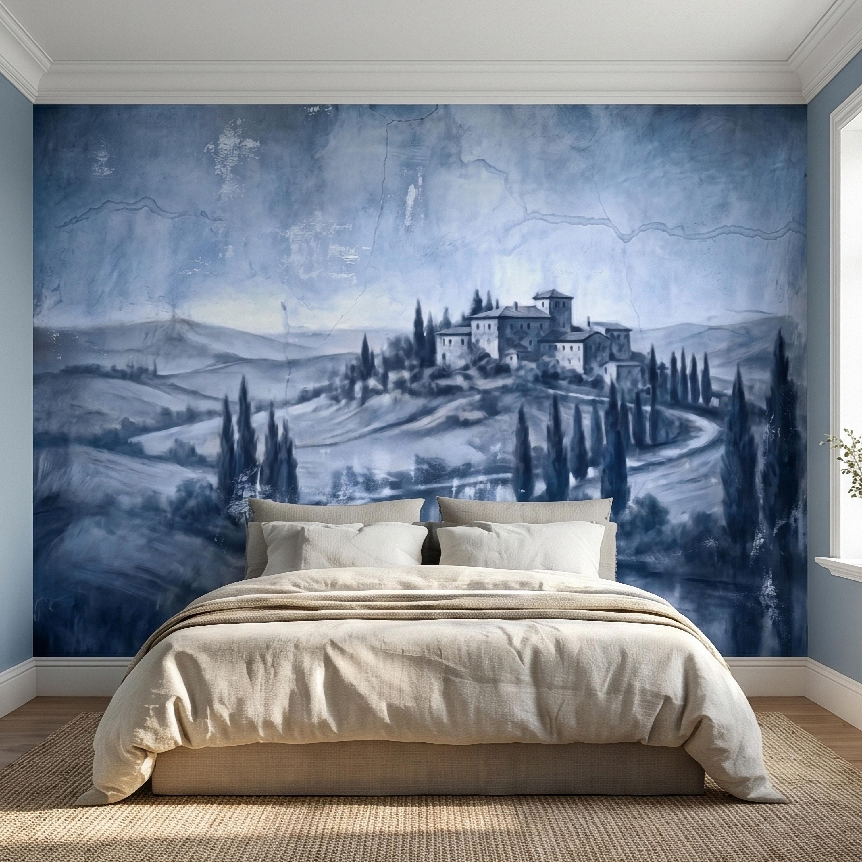 Blue Grey Tuscan Villa Peel and Stick Wall Mural, Misty Italian Countryside Fresco Landscape with Cypress Trees, Old World Antique Wallpaper