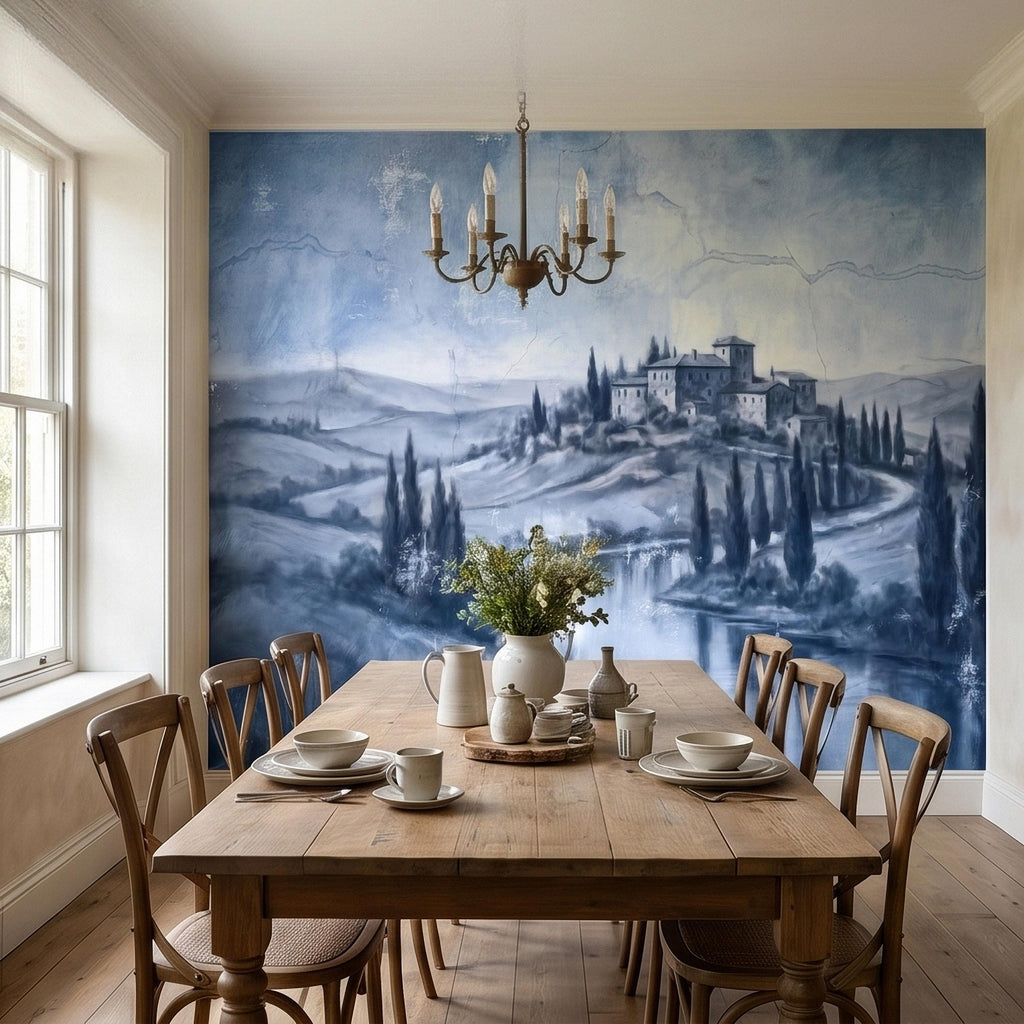 Blue Grey Tuscan Villa Peel and Stick Wall Mural, Misty Italian Countryside Fresco Landscape with Cypress Trees, Old World Antique Wallpaper