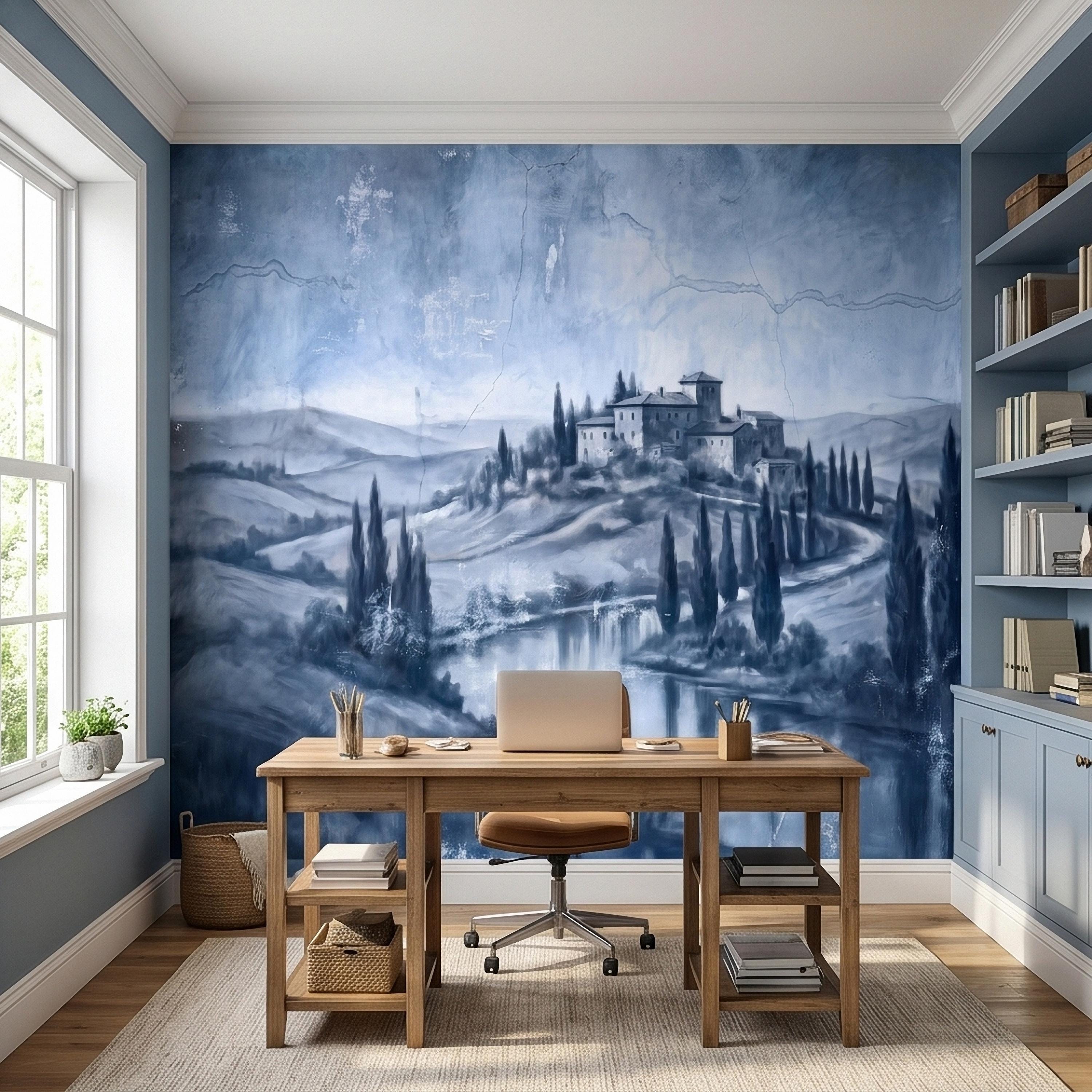 Blue Grey Tuscan Villa Peel and Stick Wall Mural, Misty Italian Countryside Fresco Landscape with Cypress Trees, Old World Antique Wallpaper