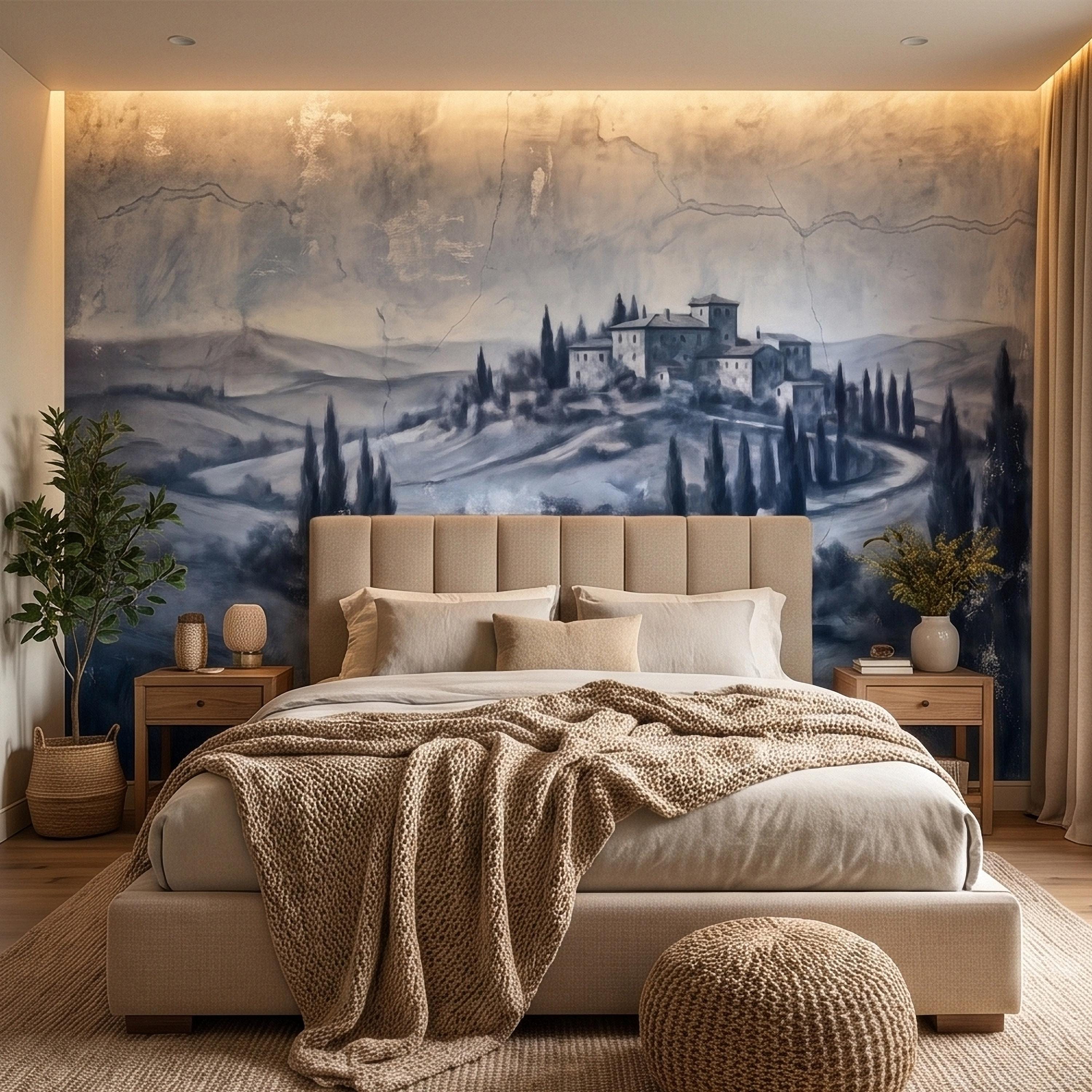Blue Grey Tuscan Villa Peel and Stick Wall Mural, Misty Italian Countryside Fresco Landscape with Cypress Trees, Old World Antique Wallpaper