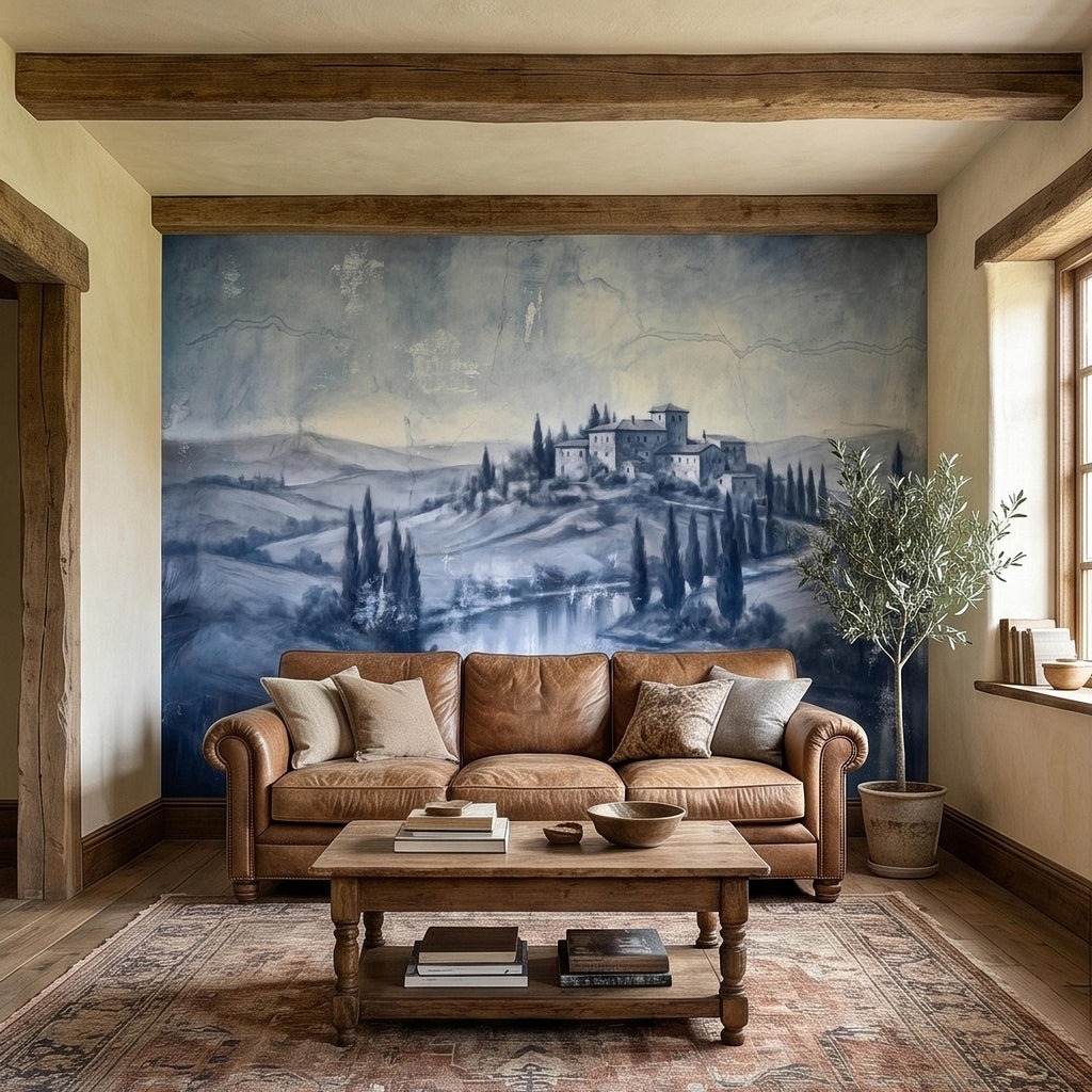Blue Grey Tuscan Villa Peel and Stick Wall Mural, Misty Italian Countryside Fresco Landscape with Cypress Trees, Old World Antique Wallpaper