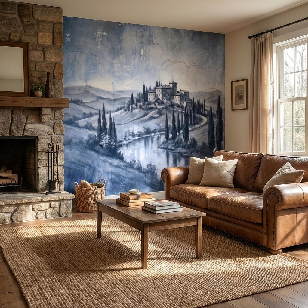 Blue Grey Tuscan Villa Peel and Stick Wall Mural, Misty Italian Countryside Fresco Landscape with Cypress Trees, Old World Antique Wallpaper