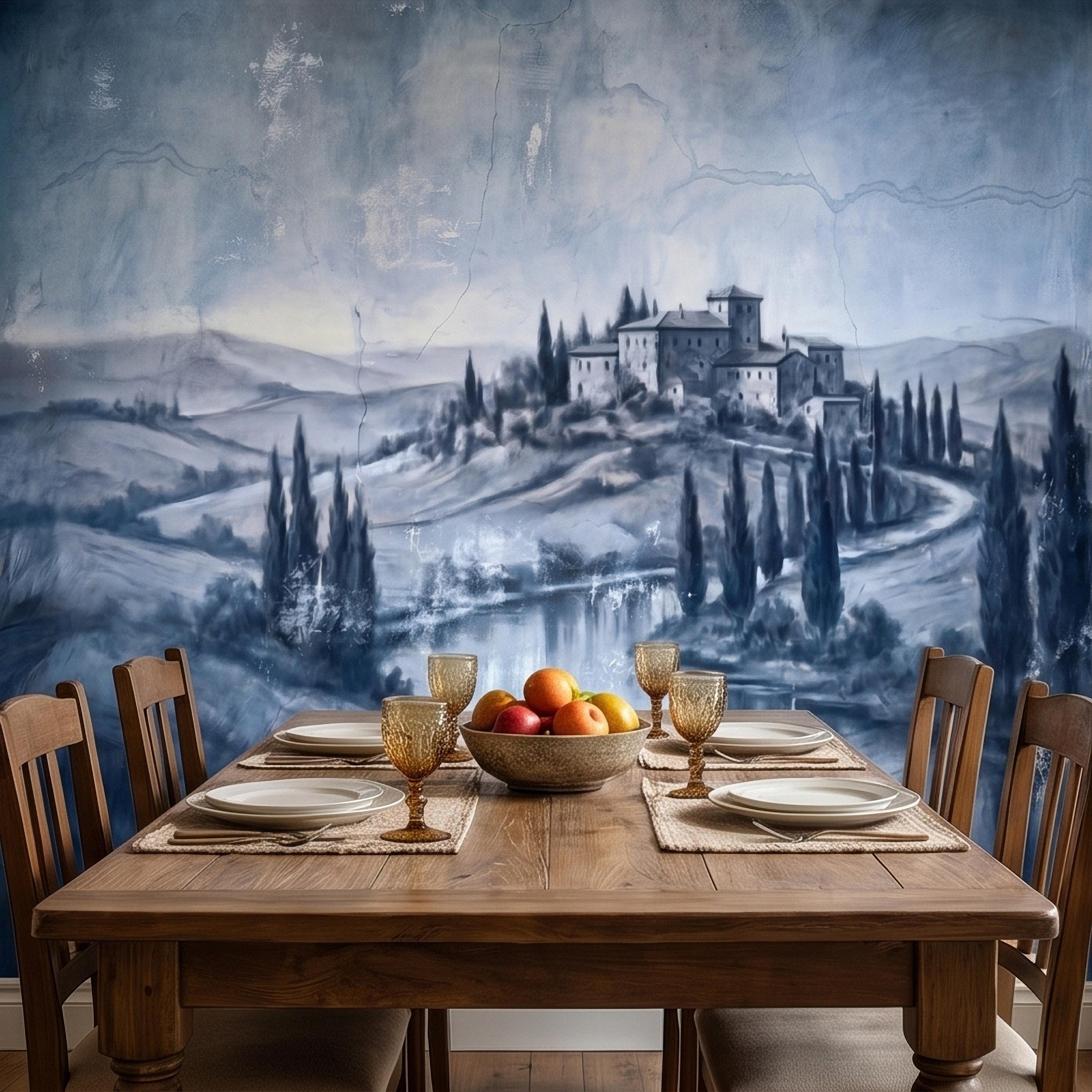 Blue Grey Tuscan Villa Peel and Stick Wall Mural, Misty Italian Countryside Fresco Landscape with Cypress Trees, Old World Antique Wallpaper