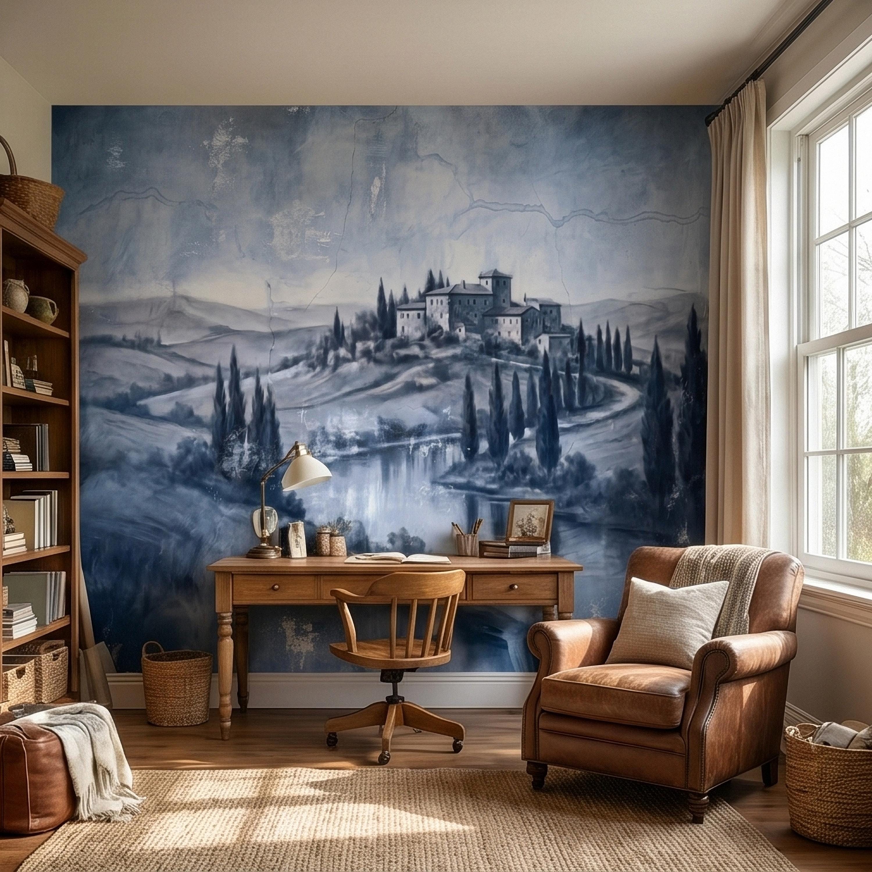 Blue Grey Tuscan Villa Peel and Stick Wall Mural, Misty Italian Countryside Fresco Landscape with Cypress Trees, Old World Antique Wallpaper