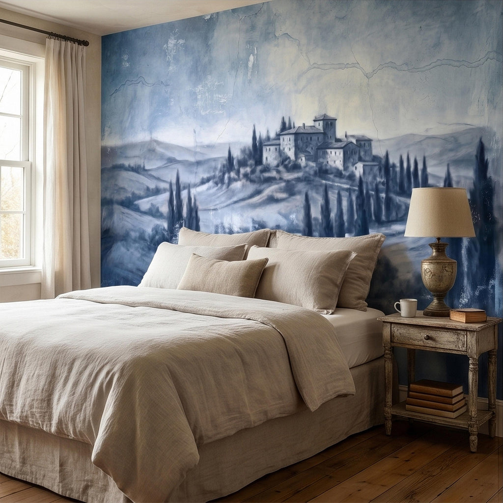 Blue Grey Tuscan Villa Peel and Stick Wall Mural, Misty Italian Countryside Fresco Landscape with Cypress Trees, Old World Antique Wallpaper