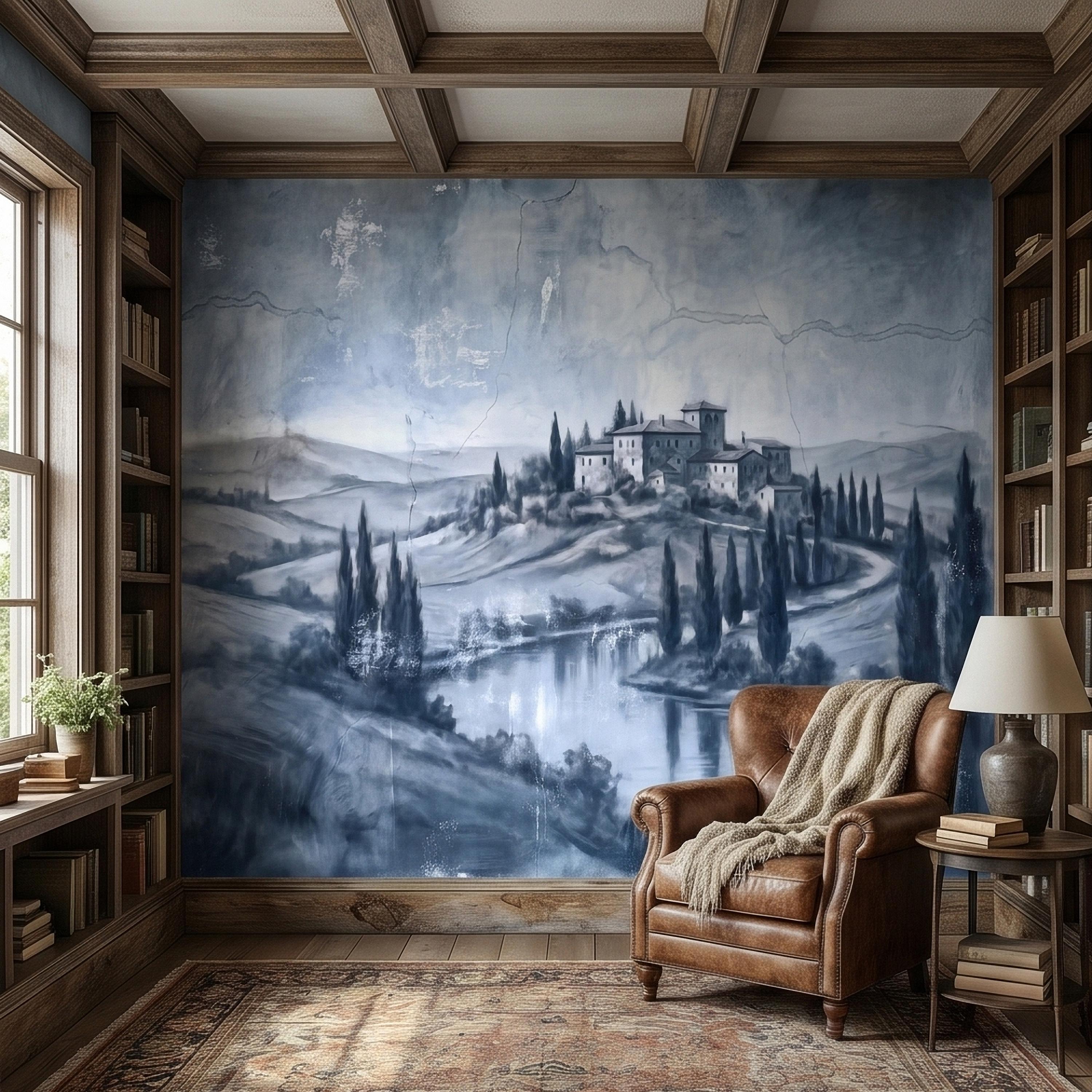 Blue Grey Tuscan Villa Peel and Stick Wall Mural, Misty Italian Countryside Fresco Landscape with Cypress Trees, Old World Antique Wallpaper