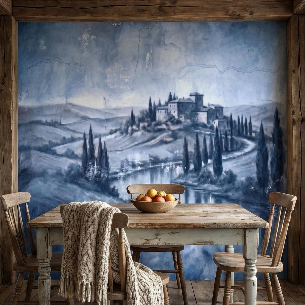 Blue Grey Tuscan Villa Peel and Stick Wall Mural, Misty Italian Countryside Fresco Landscape with Cypress Trees, Old World Antique Wallpaper