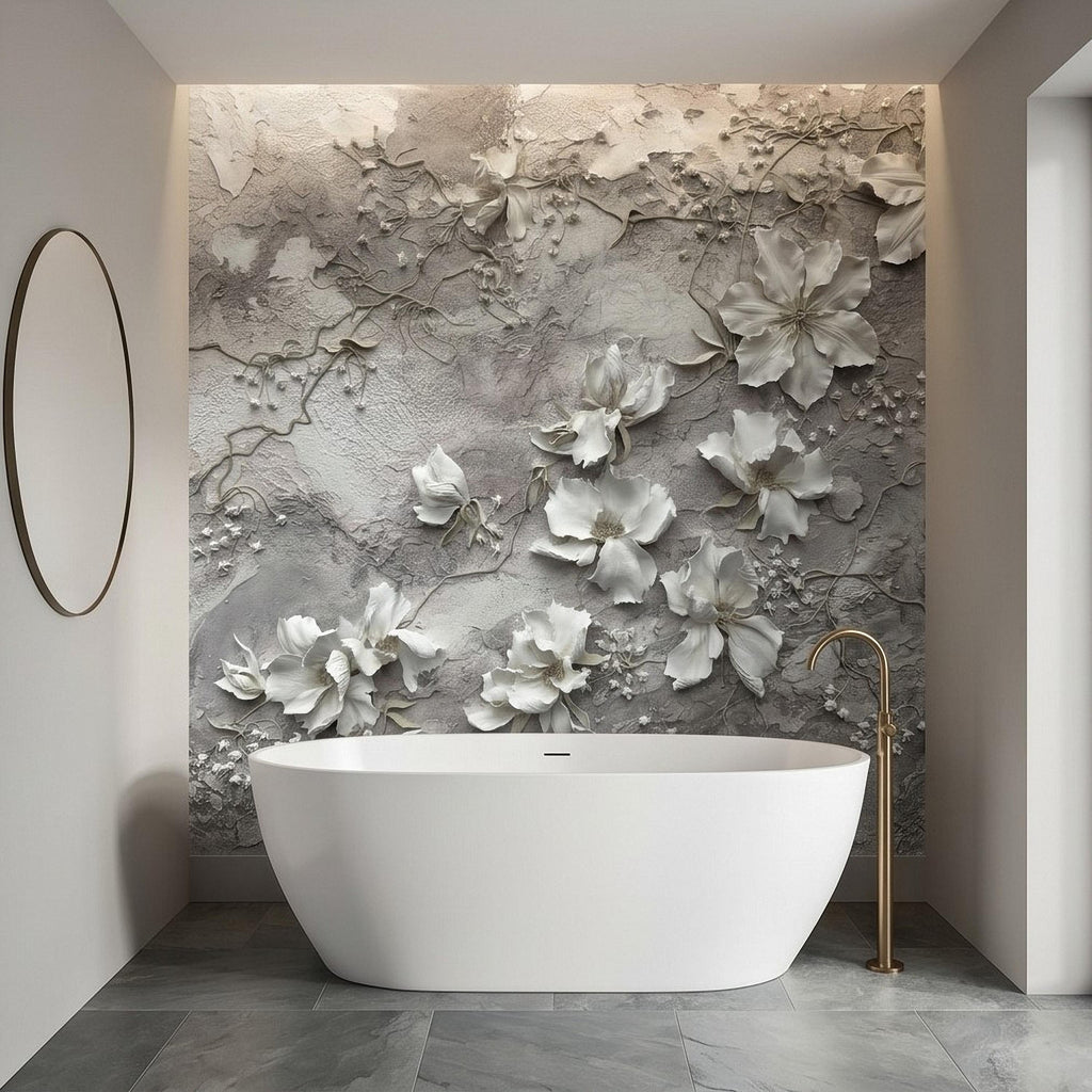 White Floral Botanical Peel & Stick Wall Mural, Textured Vines Gray Plaster Style, Luxury Embossed Neutral Modern Wallpaper