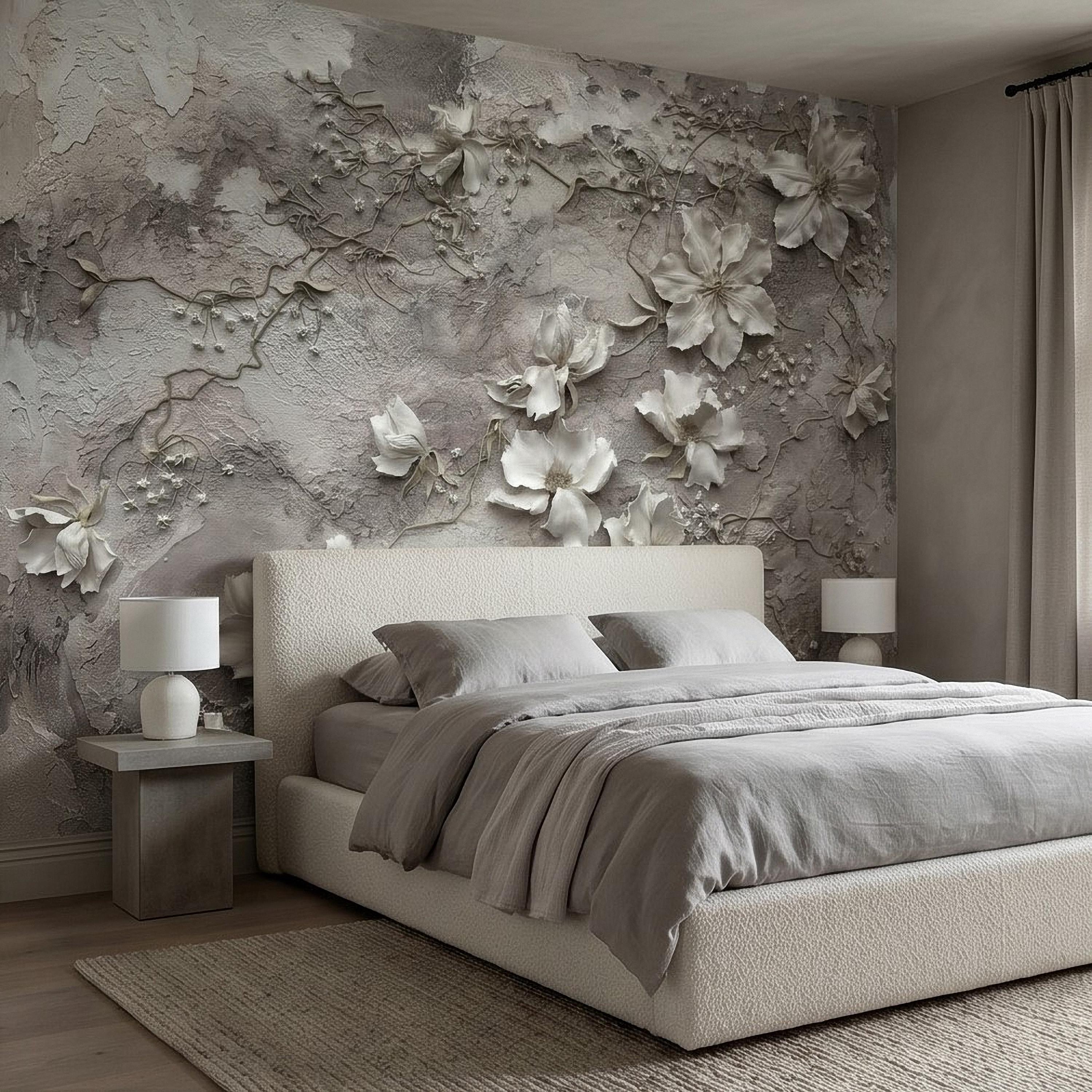 White Floral Botanical Peel & Stick Wall Mural, Textured Vines Gray Plaster Style, Luxury Embossed Neutral Modern Wallpaper