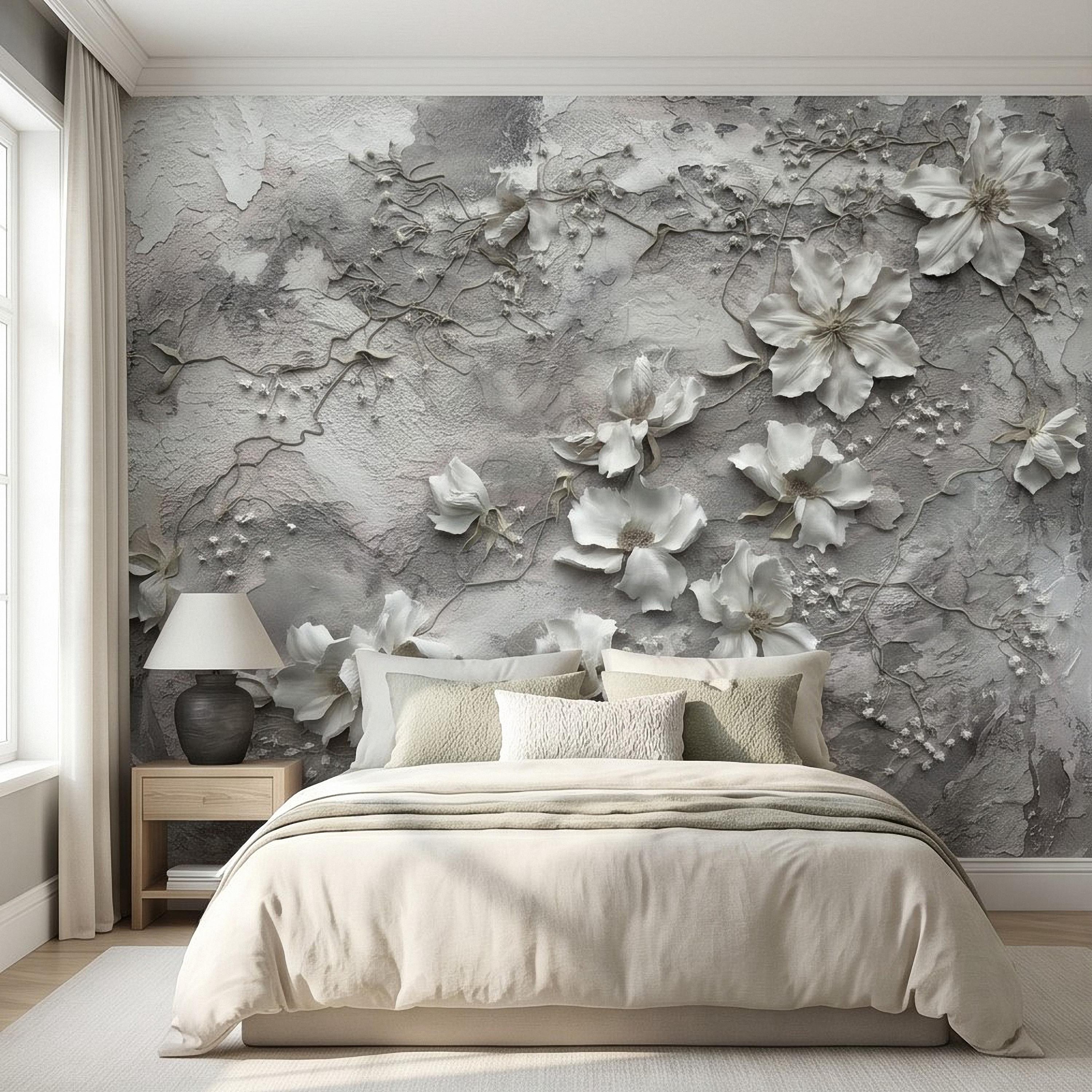 White Floral Botanical Peel & Stick Wall Mural, Textured Vines Gray Plaster Style, Luxury Embossed Neutral Modern Wallpaper