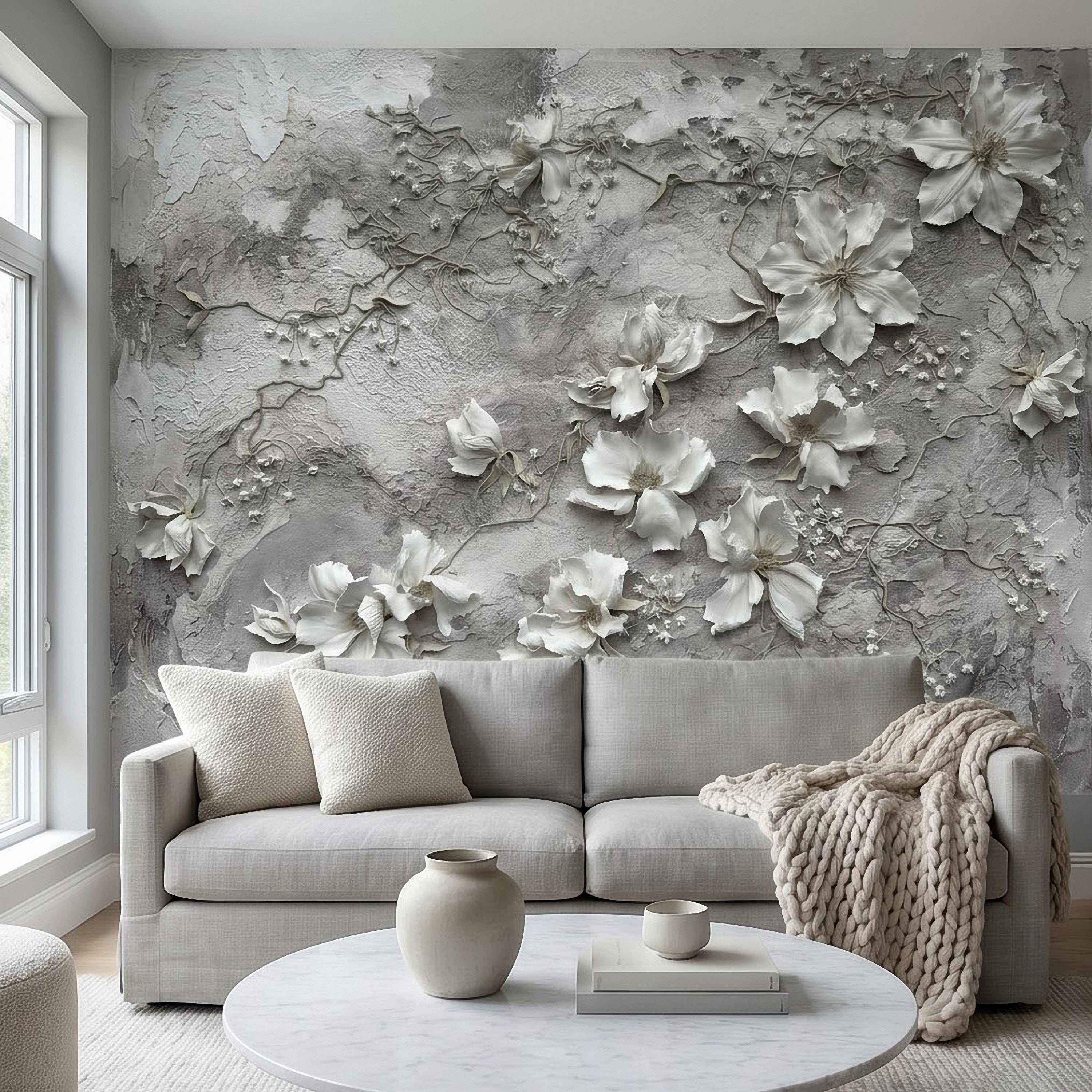 White Floral Botanical Peel & Stick Wall Mural, Textured Vines Gray Plaster Style, Luxury Embossed Neutral Modern Wallpaper