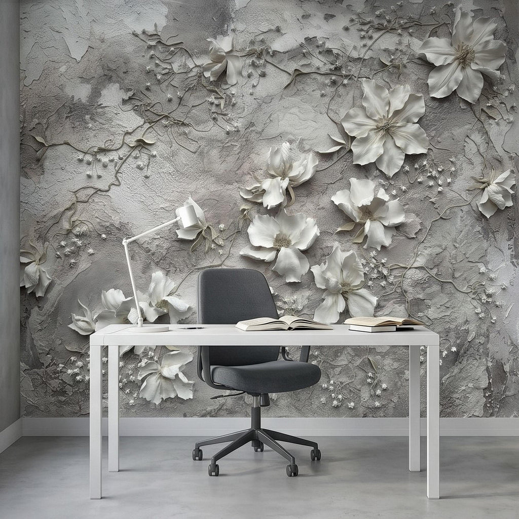 White Floral Botanical Peel & Stick Wall Mural, Textured Vines Gray Plaster Style, Luxury Embossed Neutral Modern Wallpaper