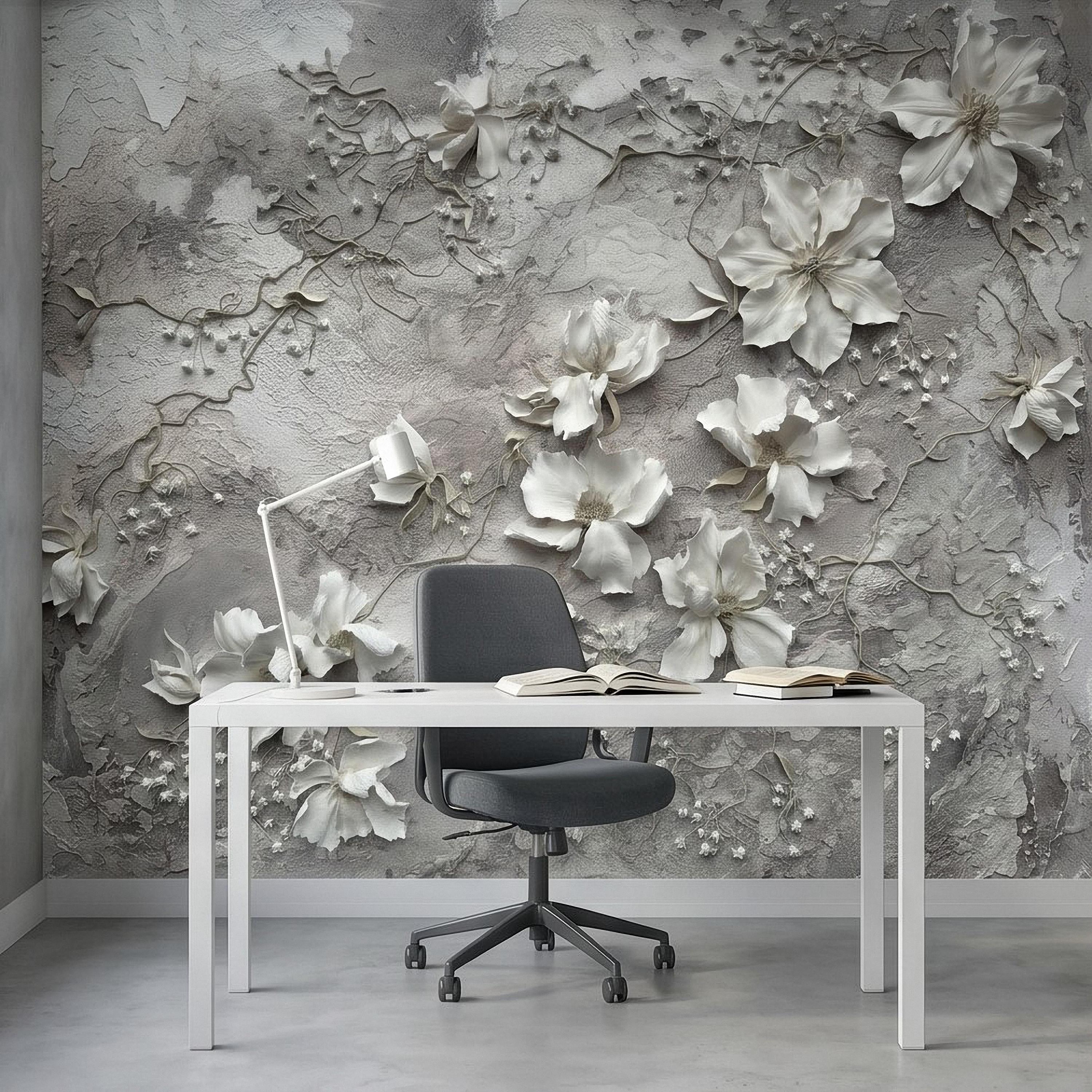 White Floral Botanical Peel & Stick Wall Mural, Textured Vines Gray Plaster Style, Luxury Embossed Neutral Modern Wallpaper