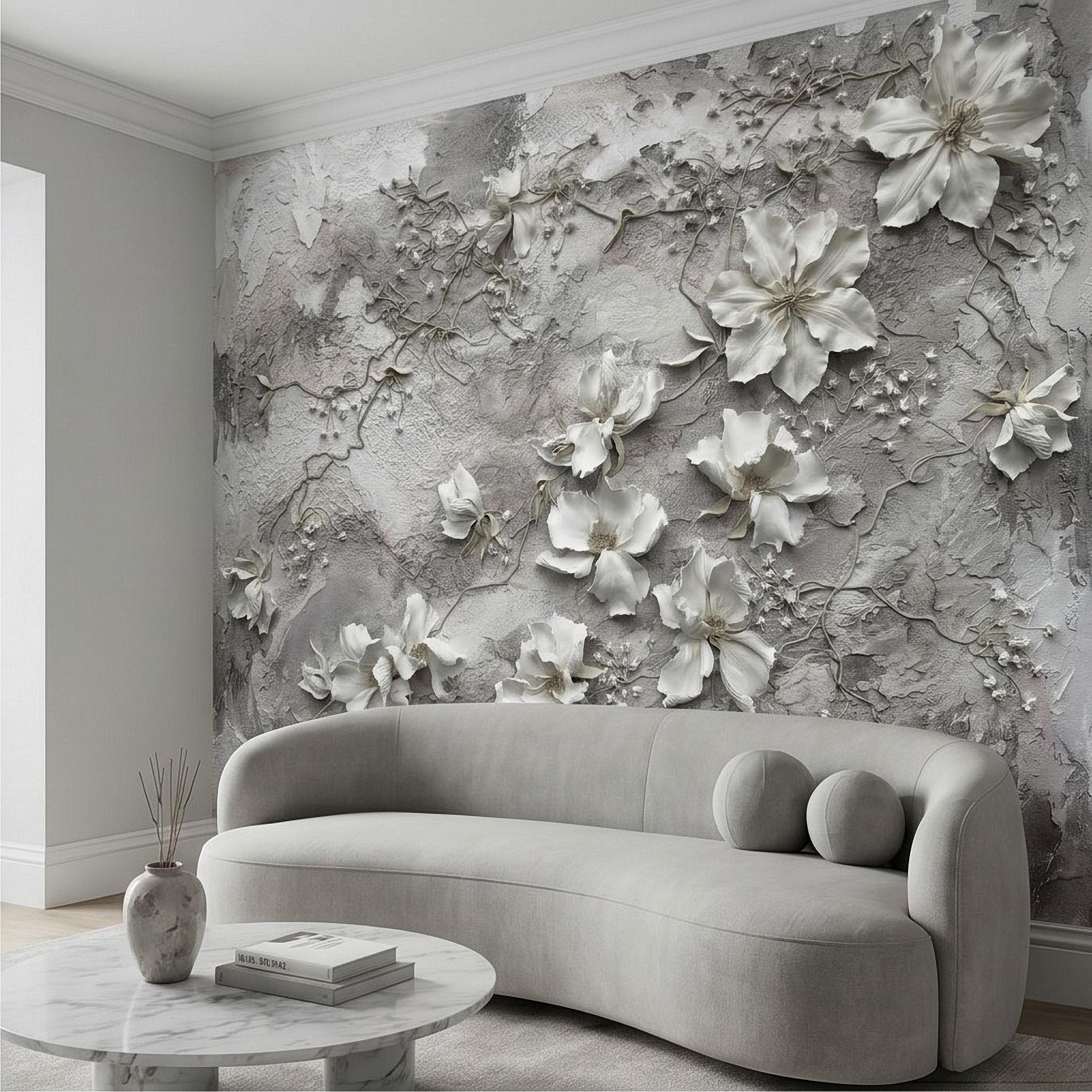 White Floral Botanical Peel & Stick Wall Mural, Textured Vines Gray Plaster Style, Luxury Embossed Neutral Modern Wallpaper