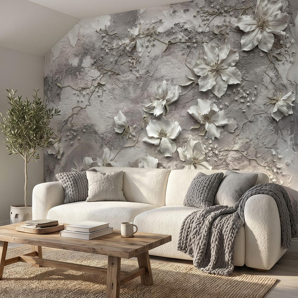 White Floral Botanical Peel & Stick Wall Mural, Textured Vines Gray Plaster Style, Luxury Embossed Neutral Modern Wallpaper