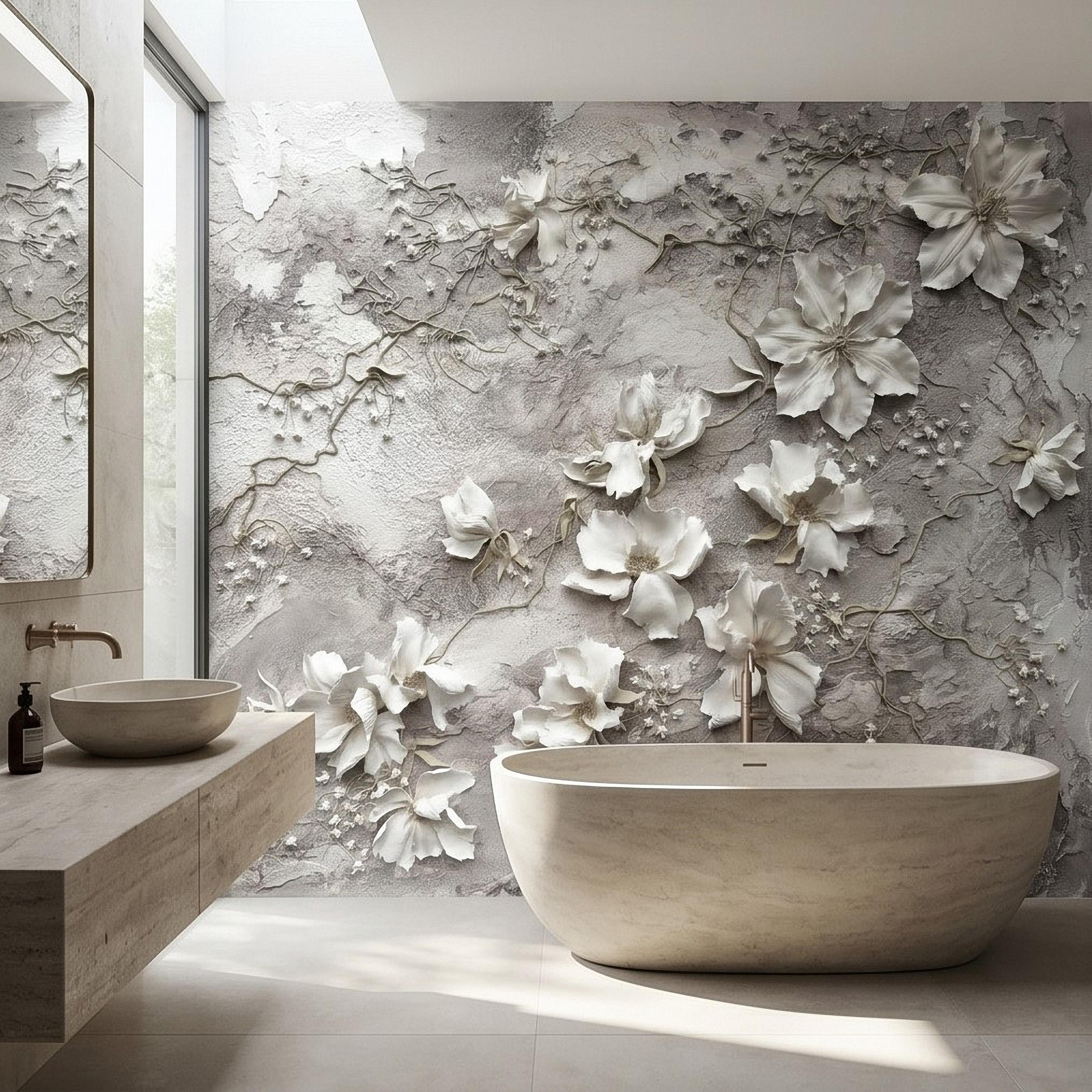 White Floral Botanical Peel & Stick Wall Mural, Textured Vines Gray Plaster Style, Luxury Embossed Neutral Modern Wallpaper