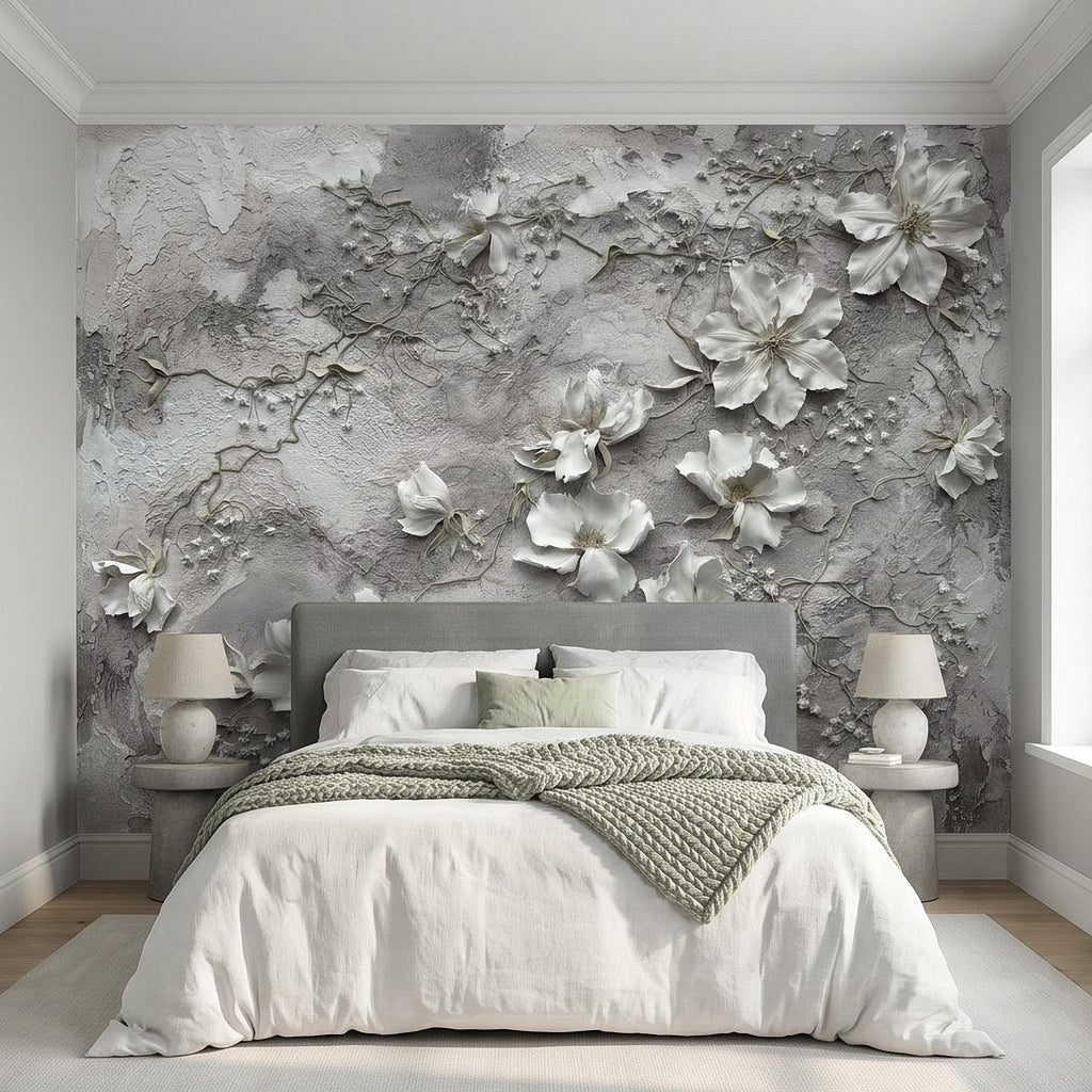 White Floral Botanical Peel & Stick Wall Mural, Textured Vines Gray Plaster Style, Luxury Embossed Neutral Modern Wallpaper